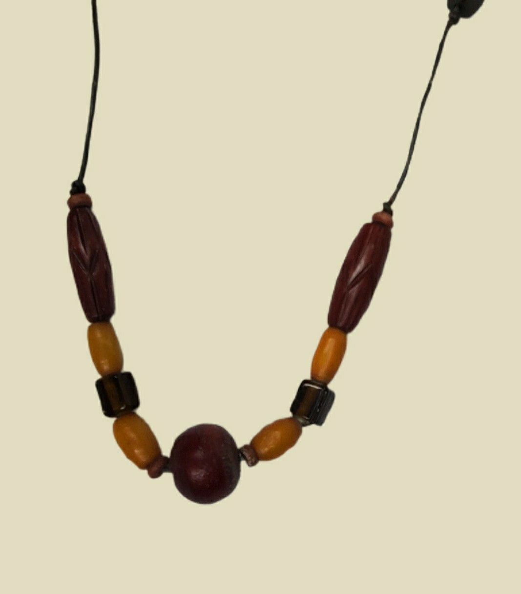 Carved Wooden Bead Necklace Tribal Beautiful Round Cylinder Square Beads 30″