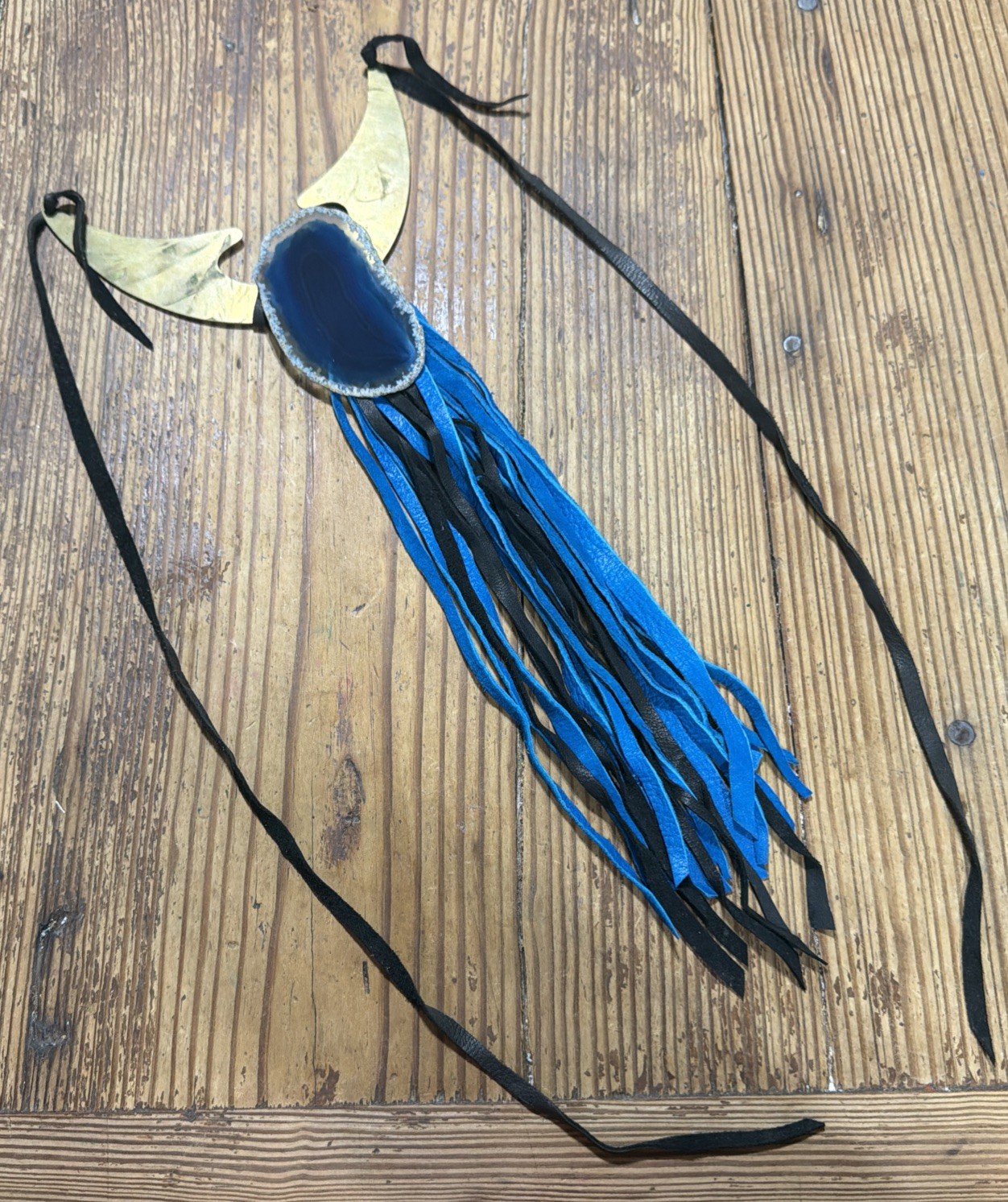 Cut Brass Plate Bib Necklace With Fringe And Blue Agate Slice Tie On