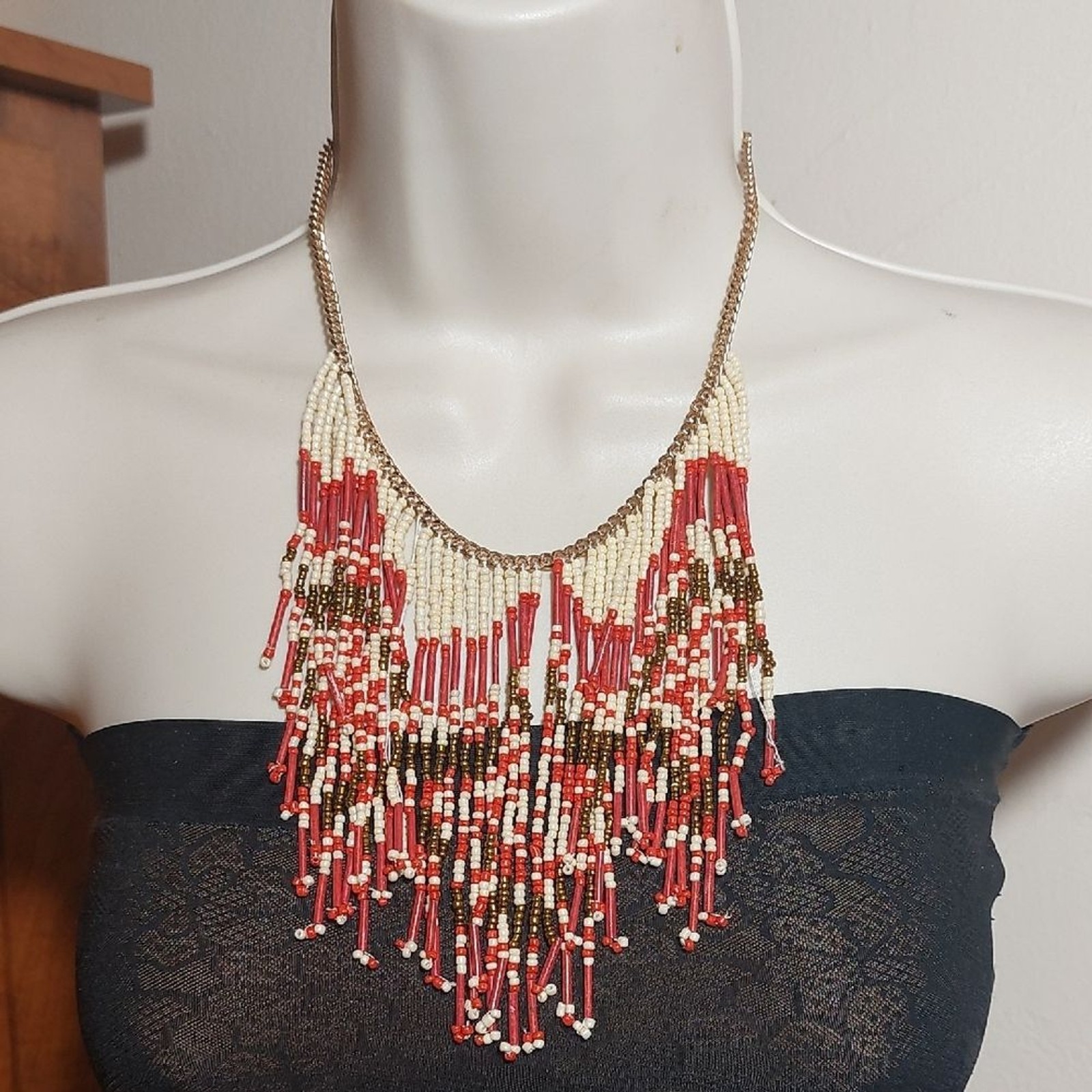 Tribal Bohemian Cream Brown Coral Red Beaded Fringes Bib Necklace
