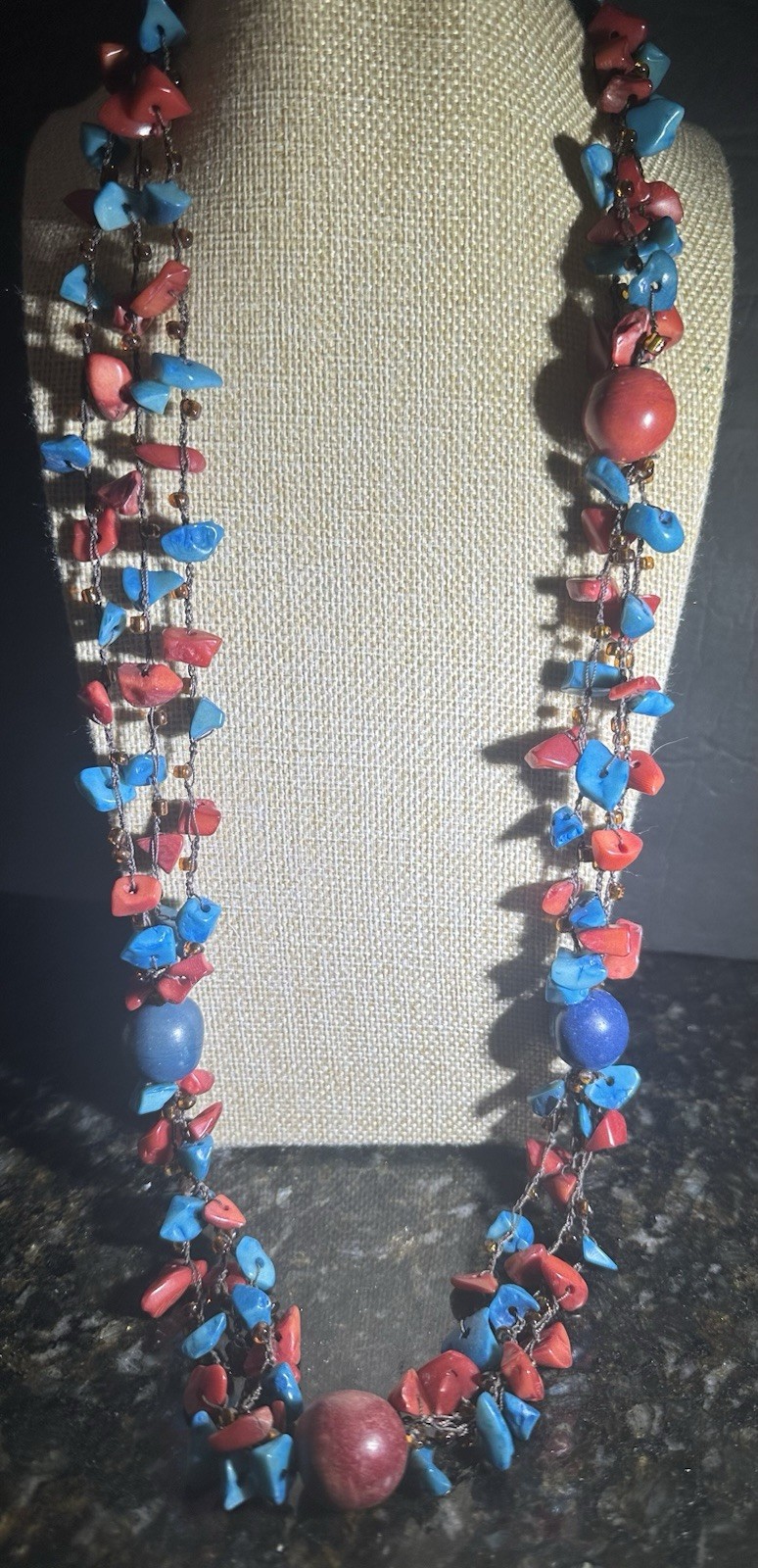 Vintage Blue Turquoise Chip Red Coral Beaded Necklace 34” Silver Tone 3 Strands