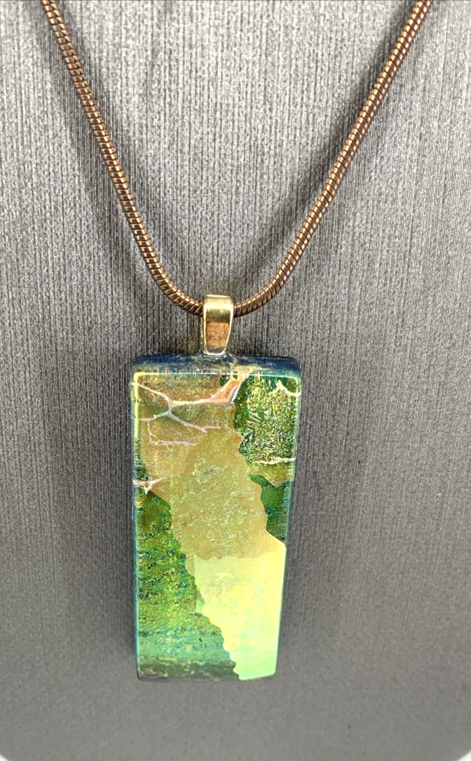 Fused Dichroic Glass Necklace Copper 18″ Green Tones 1.5″ Handcrafted