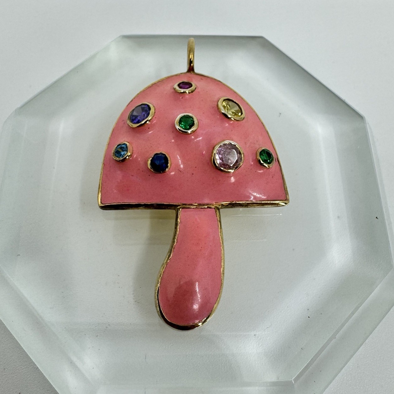 Gold Over Sterling Silver Pink Enamel Mushroom Pendant Multicolor Stones 1.5”