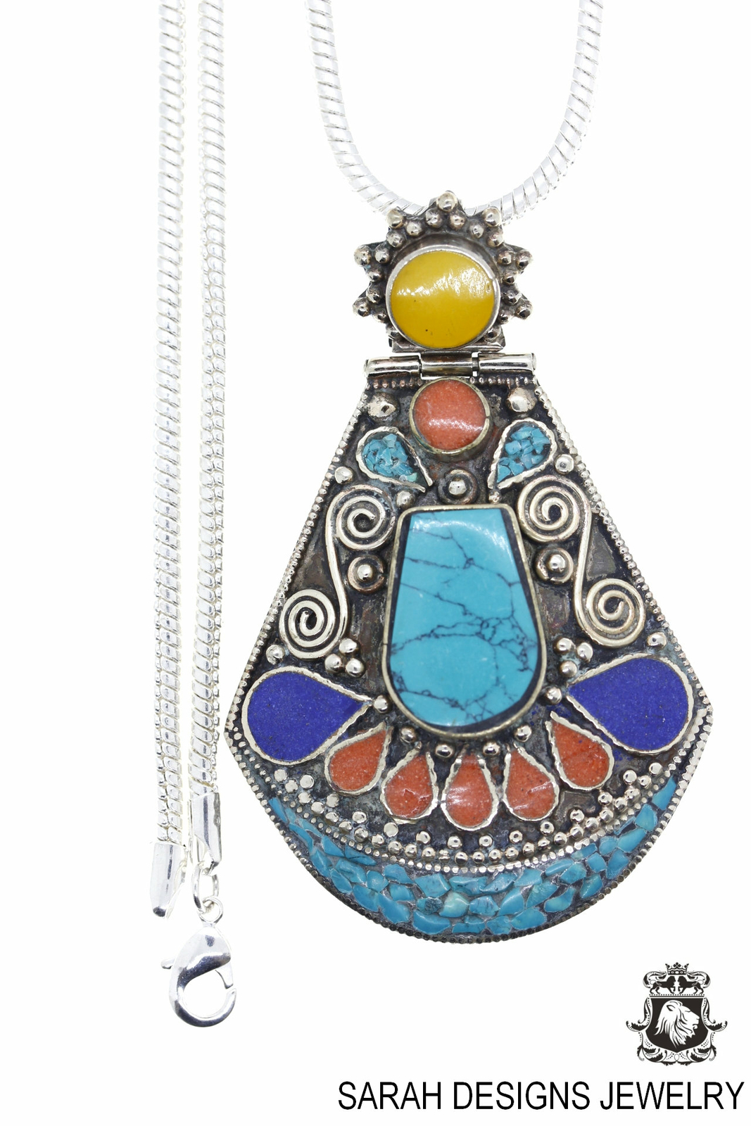 3 Inch Coral Turquoise Tibetan Silver Nepal Pendant 4MM Snake Chain N38