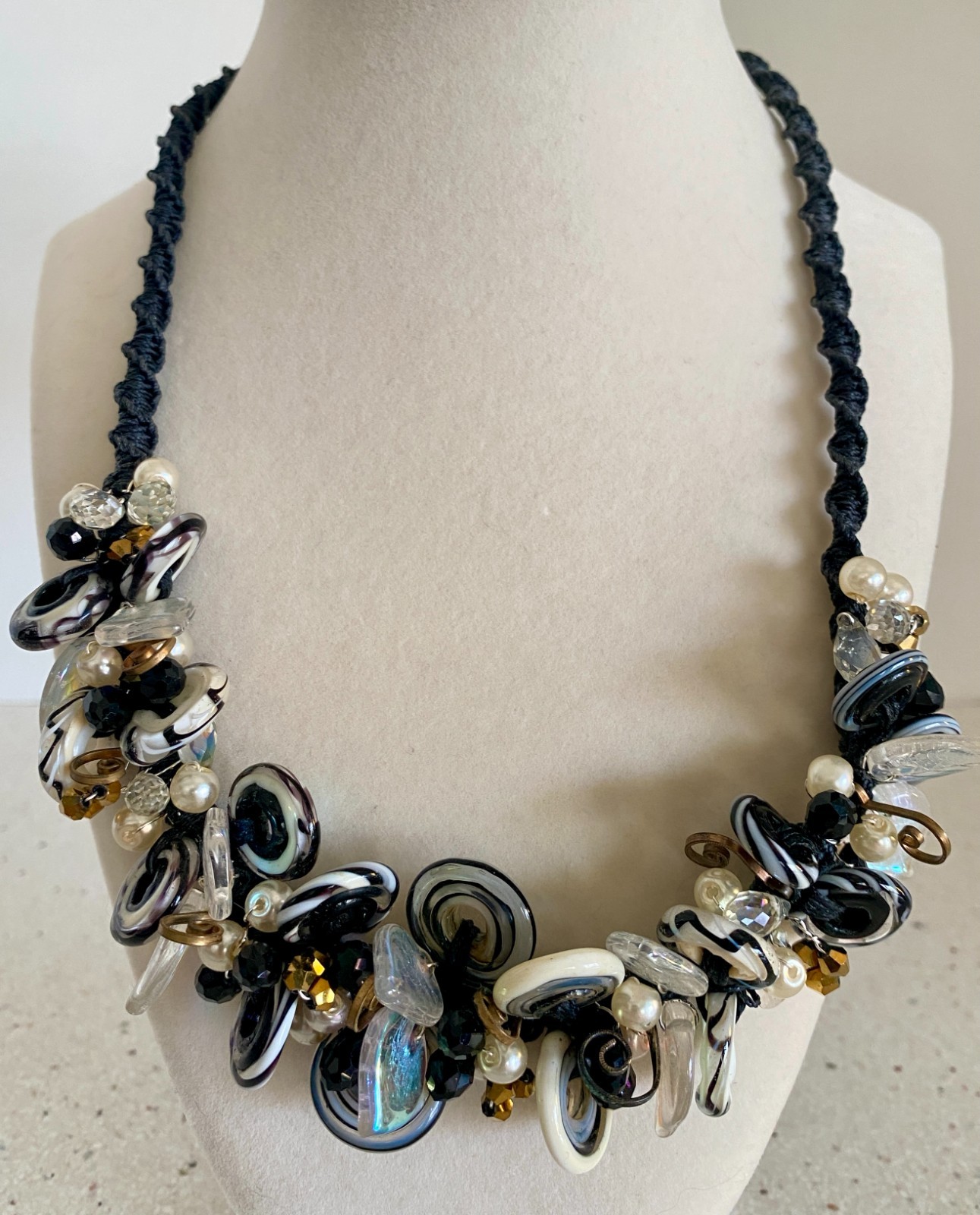 Glass Work Statement Necklace Hand Crafted Black White Swirl Cluster Design