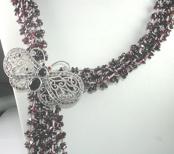Statement 7 Row Garnet Necklace & Marcasite Butterfly & Agate Sterling Silver