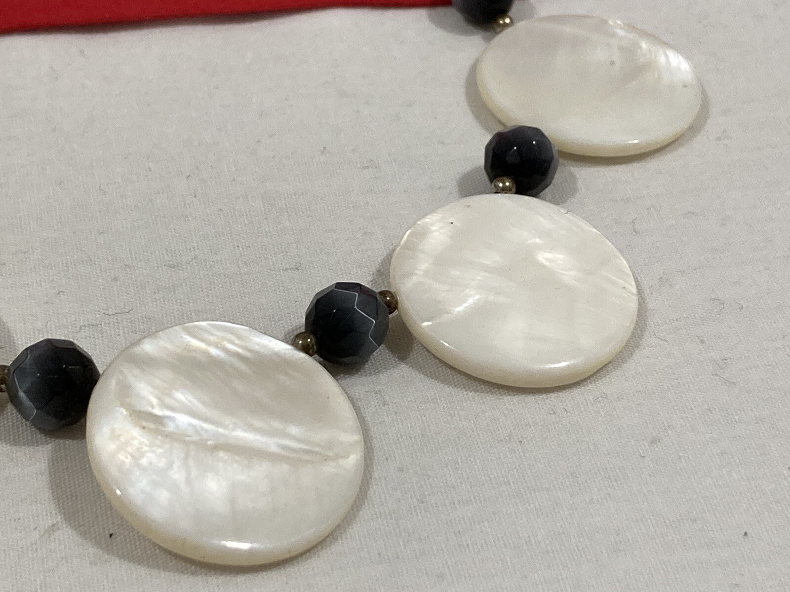 Artisan Beaded Silver Gray Stone MOP Disc Pendant BIB BOHO Statement Necklace
