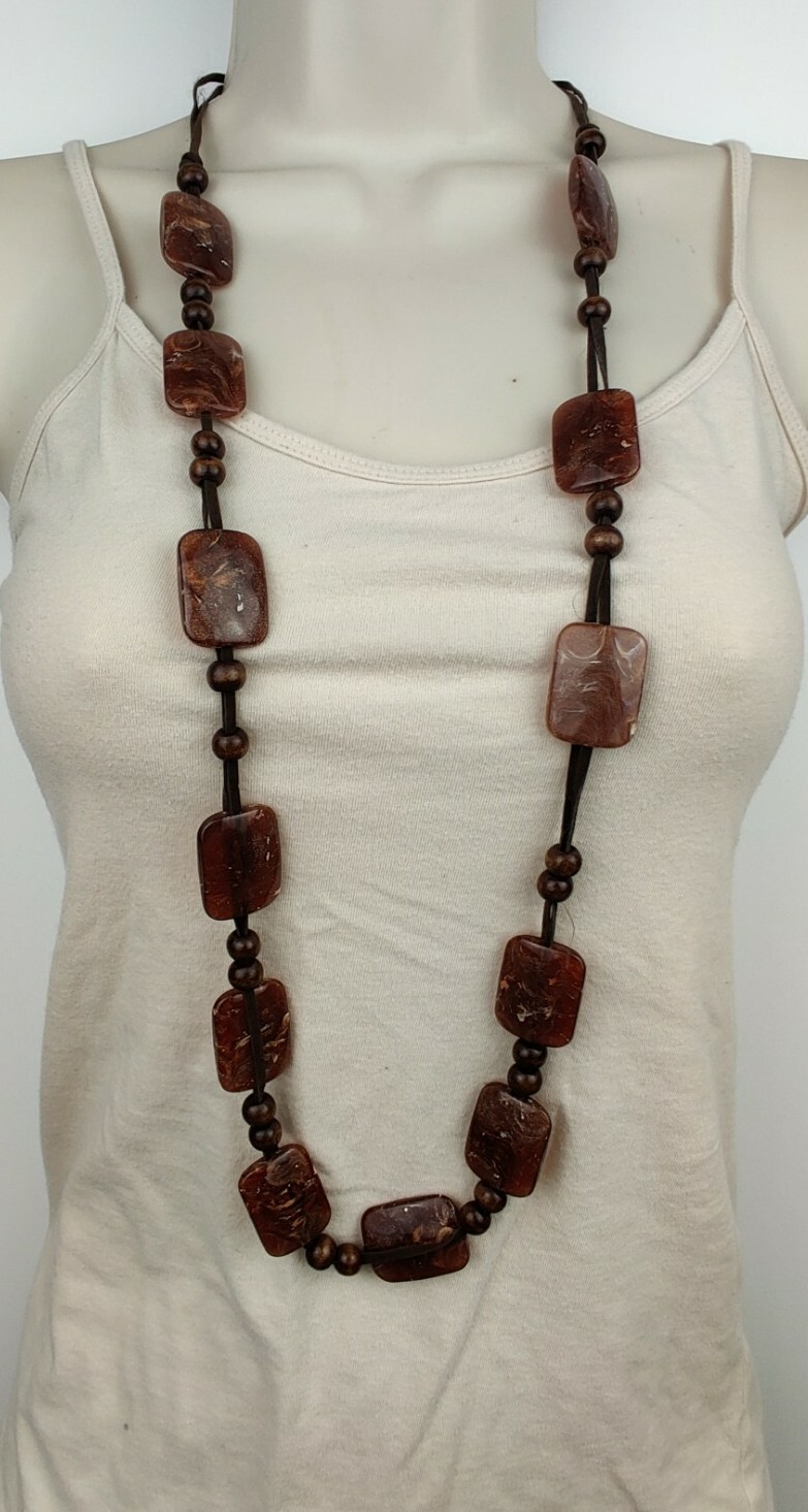 Leather Beaded Brown Women’s Hippie Bohemian Statement Long Necklace 30″