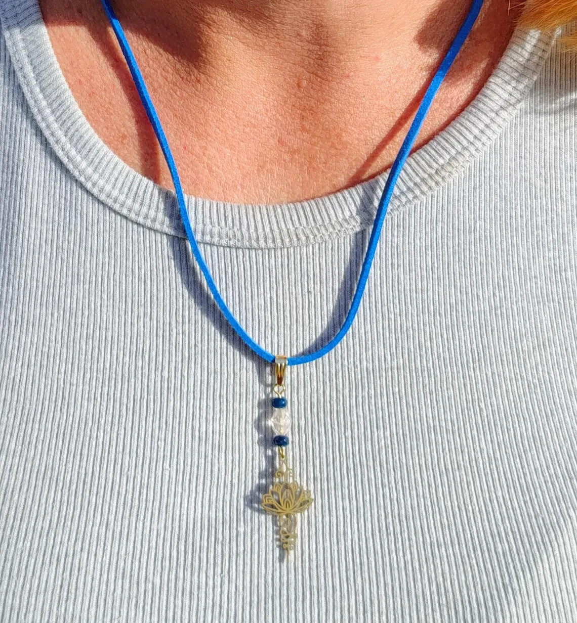 Gold Lotus Flower Gemstone Pendant Purple Suede Necklace, Meditation Jewelry