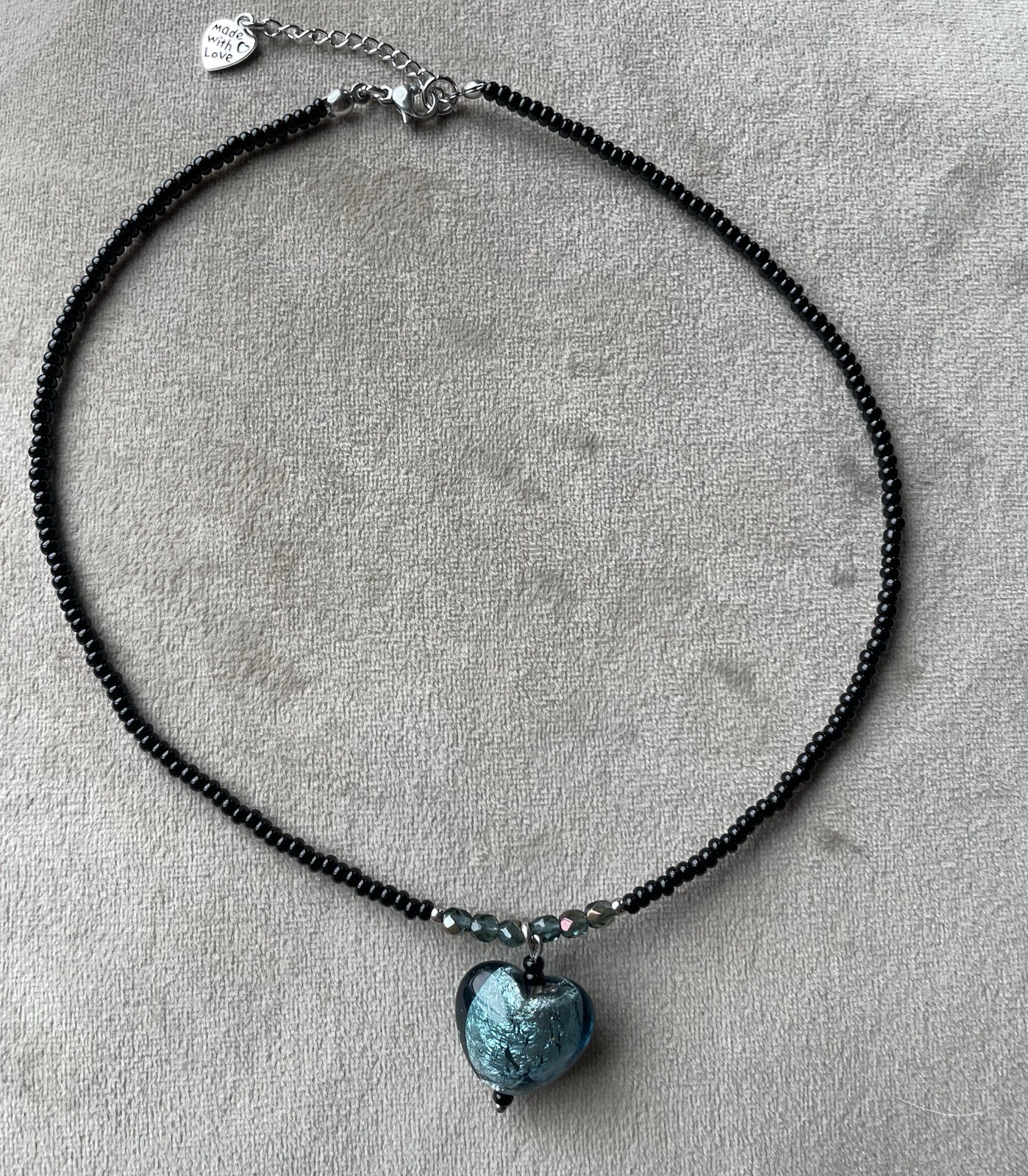 GLASS HEART Pendant Czech Glass Beads Black Dainty Chocker Necklace Stainless