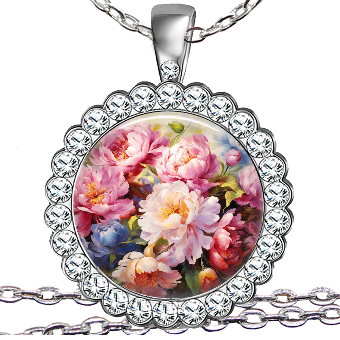 Pink Peony Peonies Flower Bouquet Crystal Necklace Bridesmaids Wedding Gifts