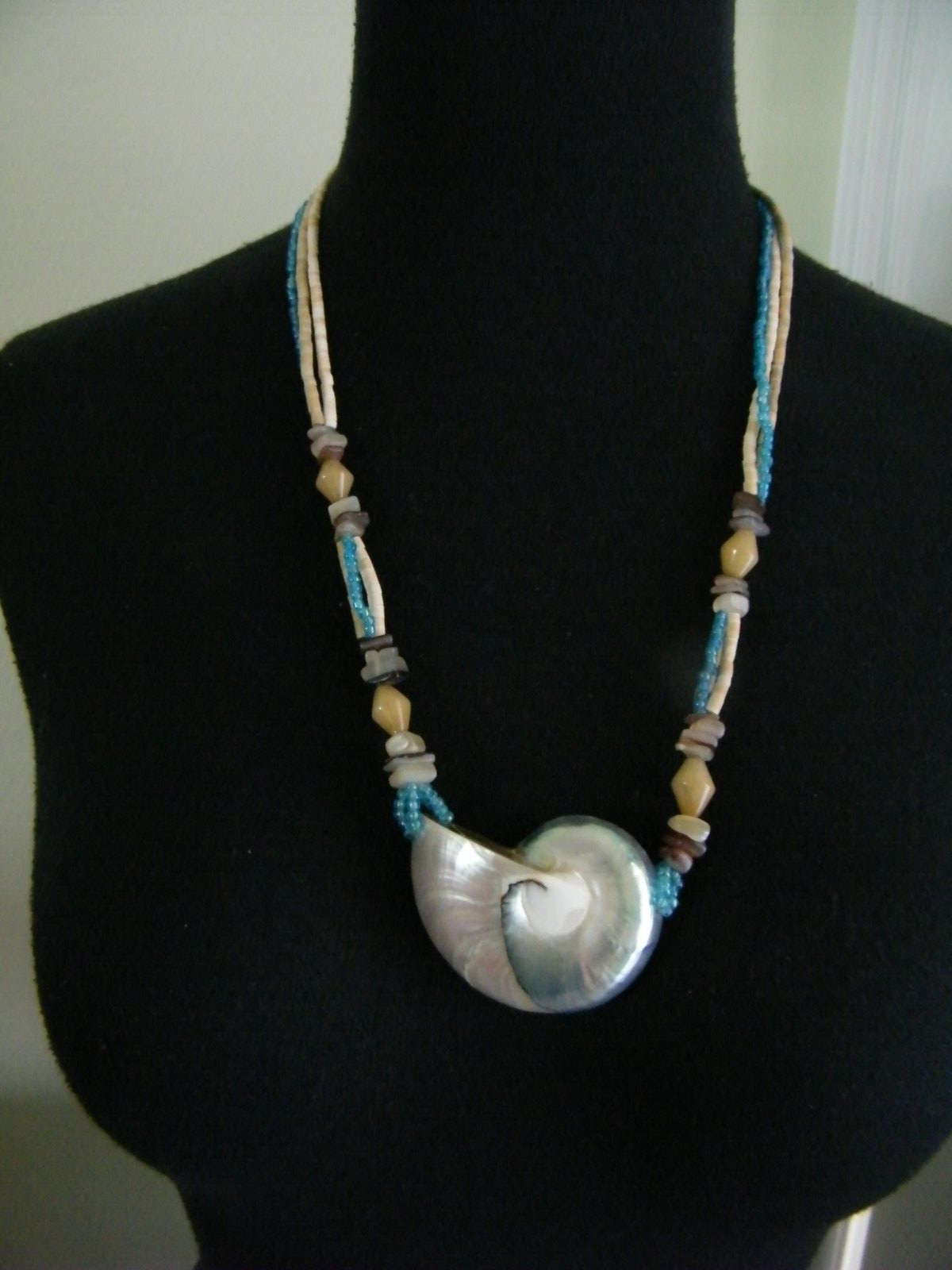 HAND CRAFTED UNIQUE BLUE, PEARLIZED NAUTILUS SHELL PENDANT, SEED BEAD + CHAIN