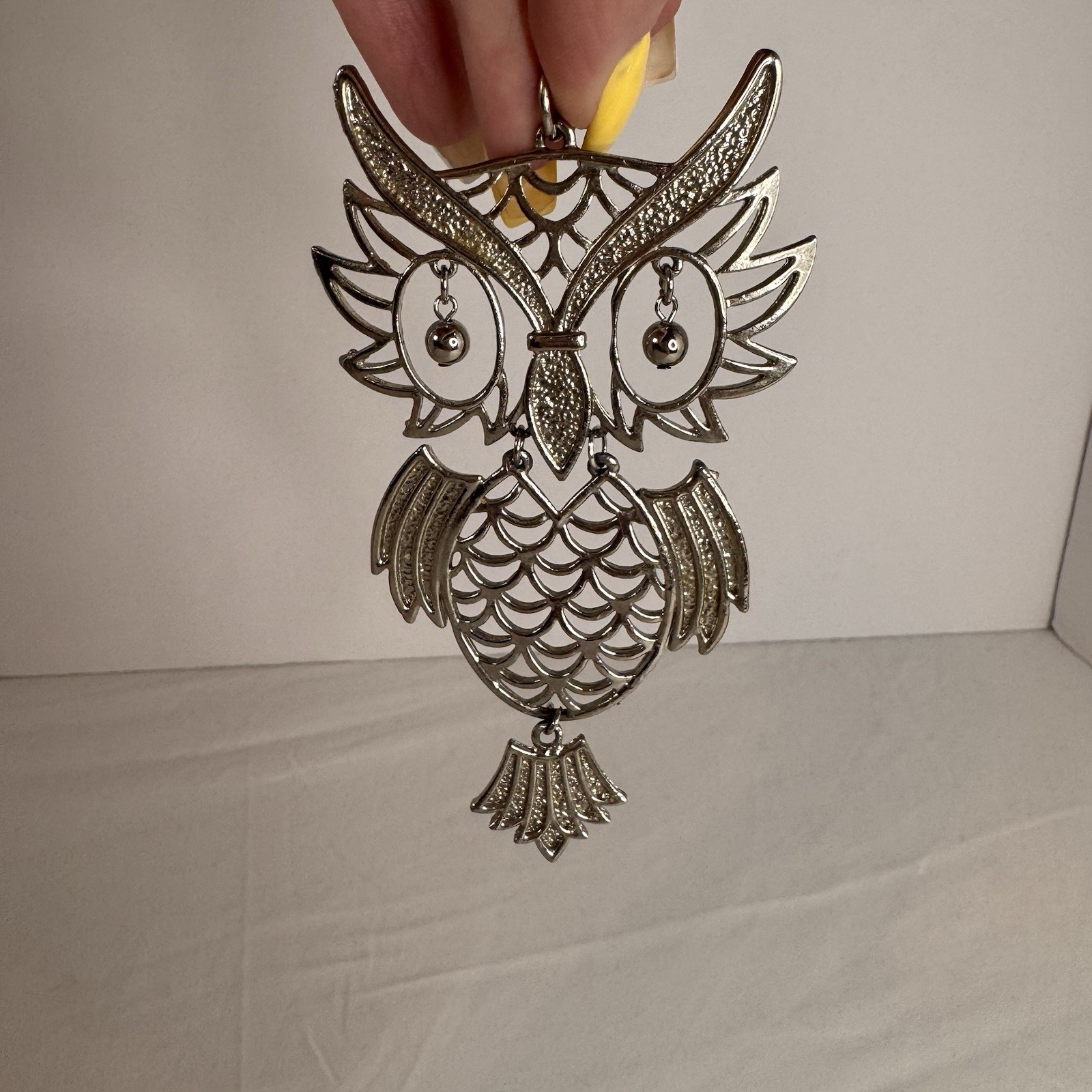 Vintage Owl Pendant Silver Tone Boho Chic Cottage Core Aesthetic Beaded Eyes ￼￼