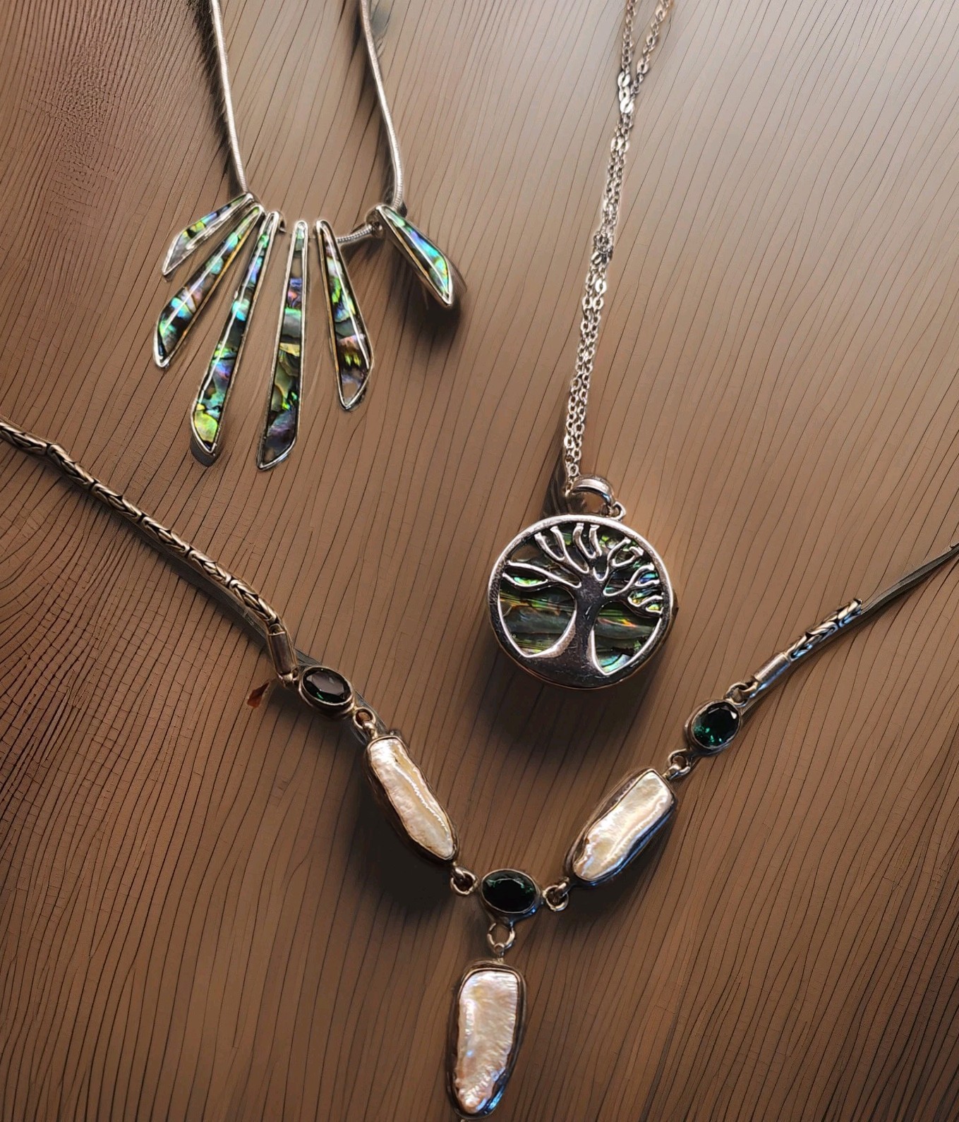 Artisan Sterling Silver Necklaces With Stone Inlays – Set Of 3