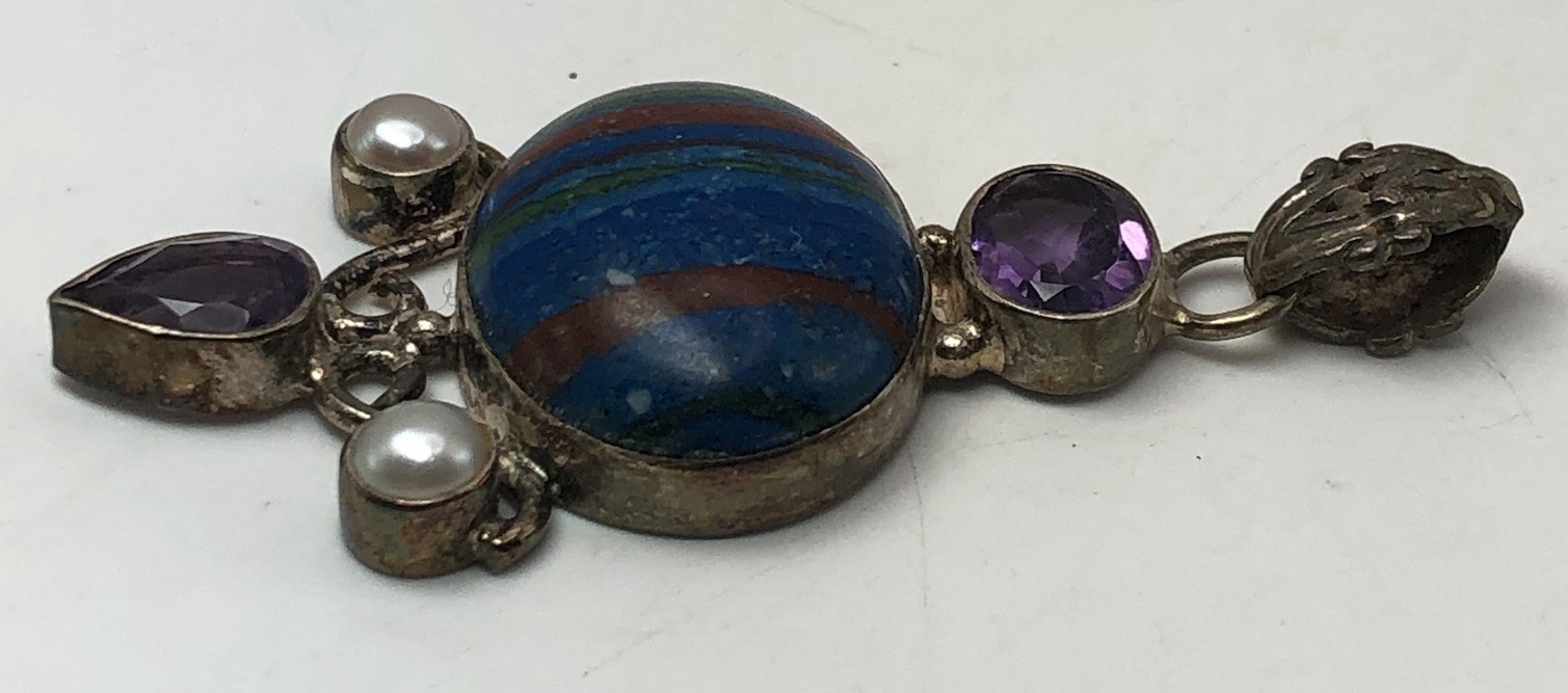 Fordite Calsilica Pendant With Amethyst And Freshwater Pearl Set In Sterling 925
