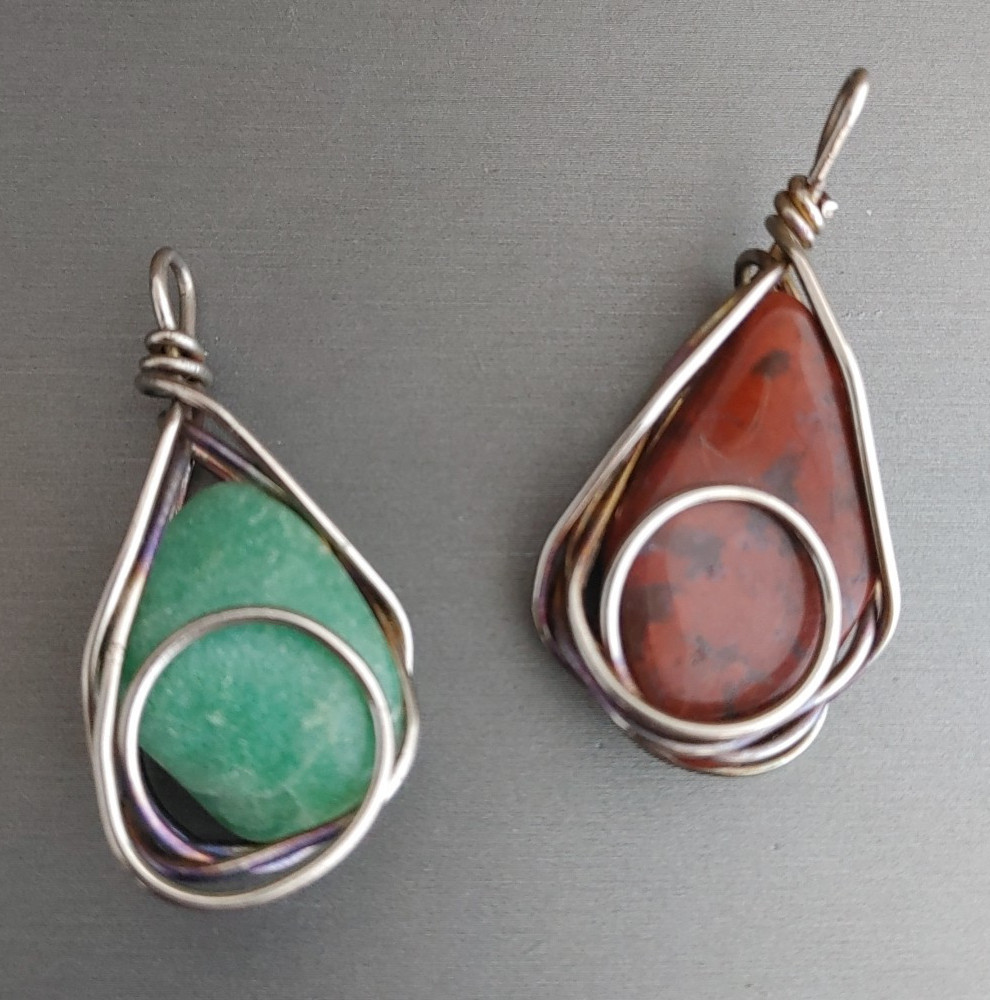 Lot of 2 Wire Wrapped Stone Nugget Pendants Silver Tone Blue Green Burnt Orange