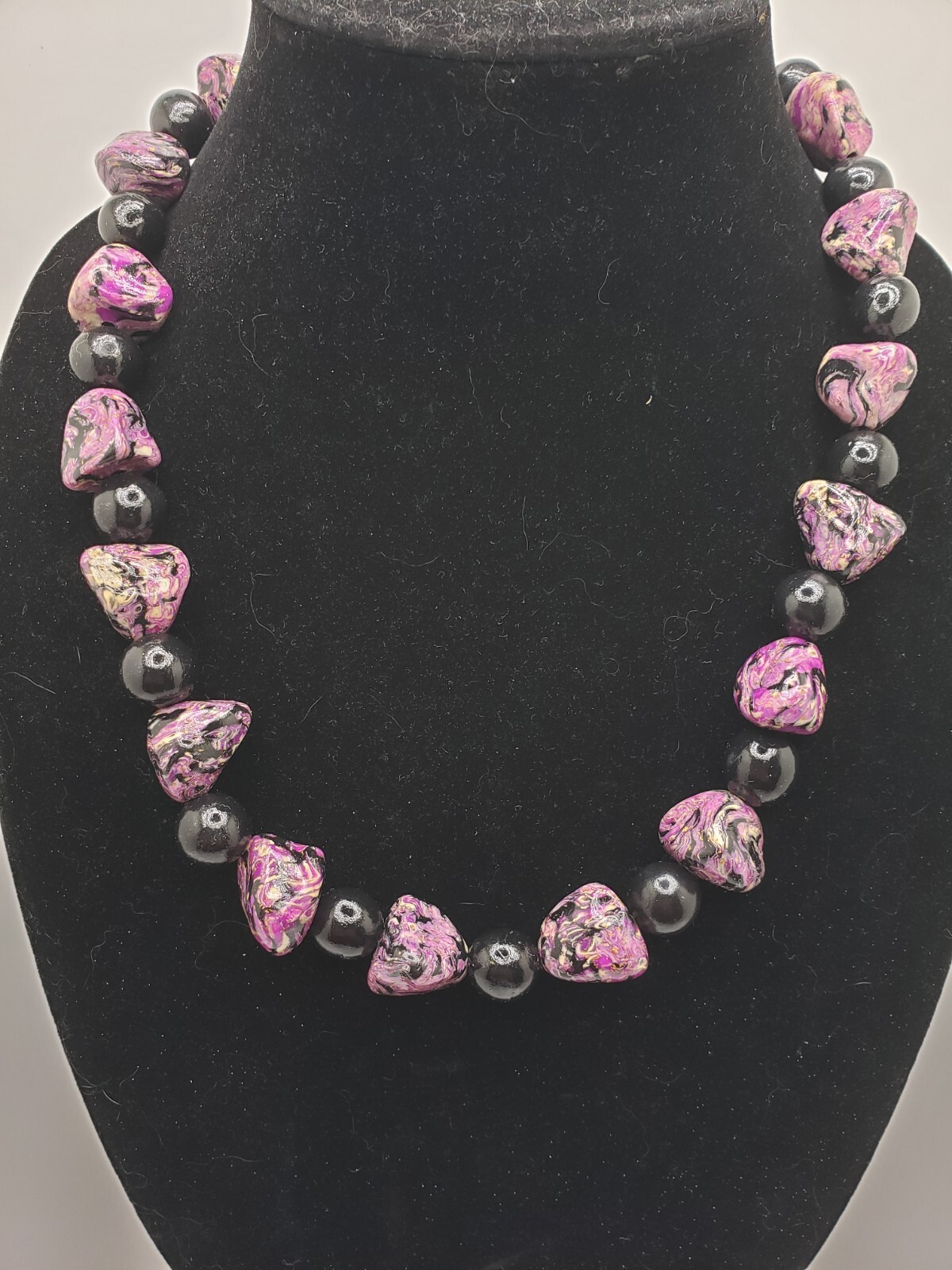 Purple,Beige,black Marble Handmade Polymer Clay Beaded Necklace Made In USA