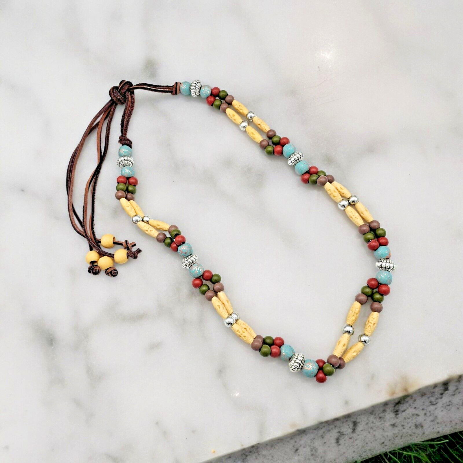 Rustic Bohemian Necklace Long Artisan Nature Tone Beaded Ethnic Tribal Jewelry