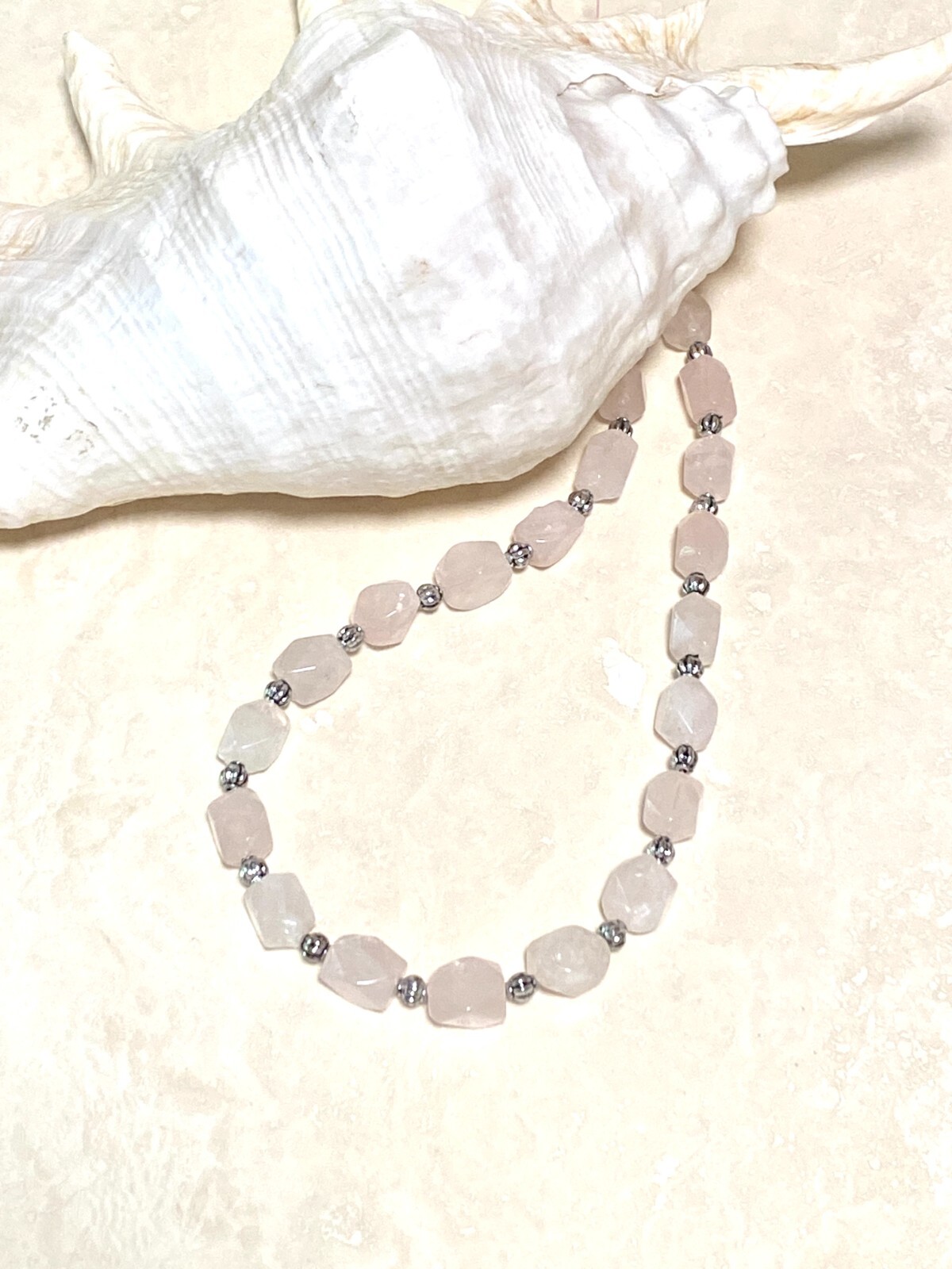Beaded Diamond-cut Rose Quartz Necklace, Pale Pink Genuine Gemstone Necklace