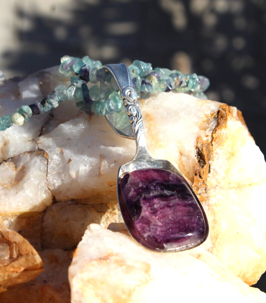 Fluorite Pendant. Setting is a Vintage Sterling Silver-Plated Sugar Spoon.
