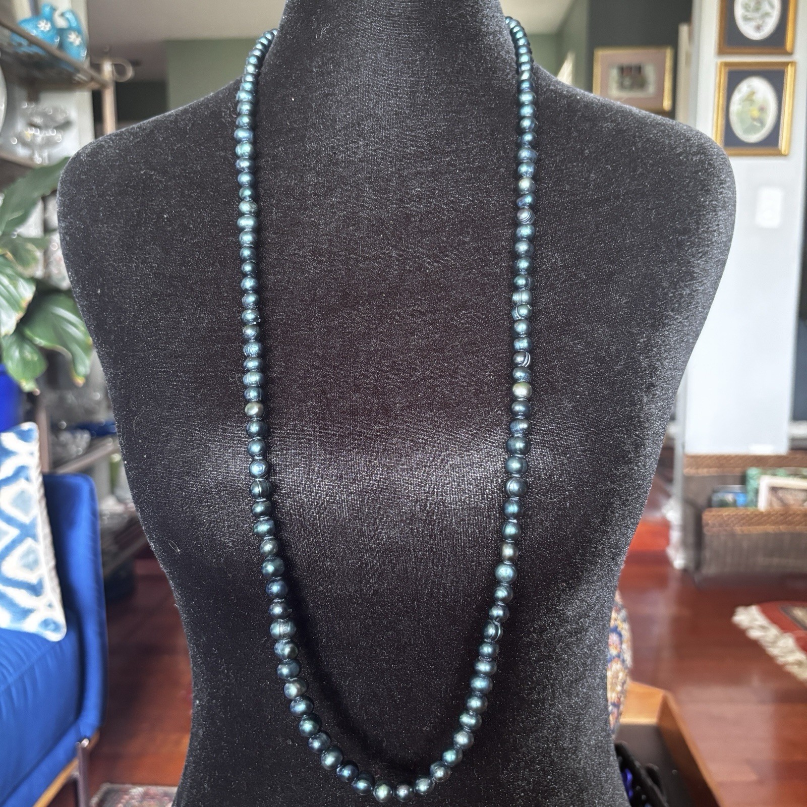 Baroque Tahitian Black Pearl Necklace 36” Iridescent Peacock Natural Flaw on 2