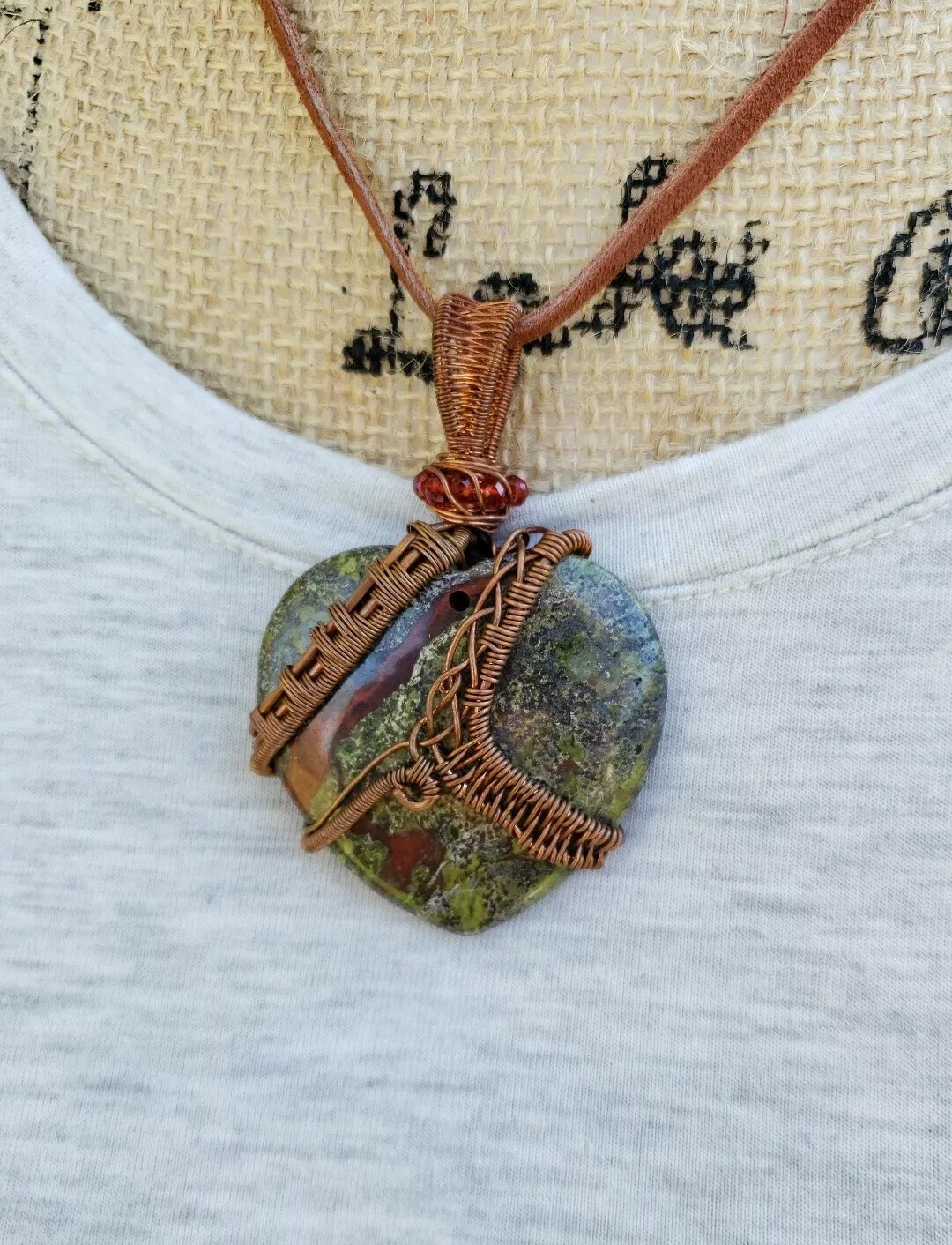 Natural Dragon Bloodstone Jasper Wire Wrapped Copper Pendant Handmade Jewelry