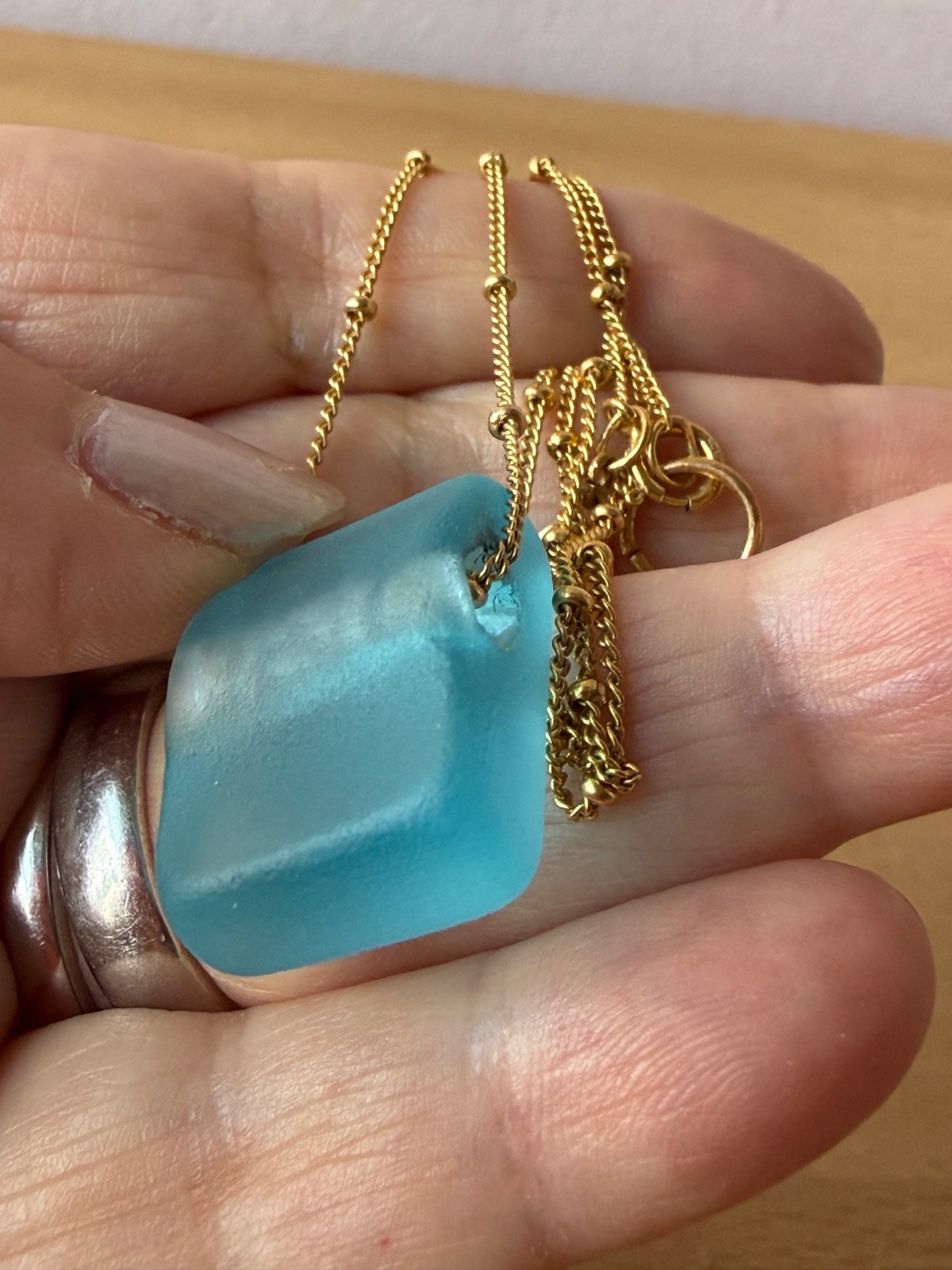 14K Yellow Gold Filled GF Turquoise Blue Sea Glass Necklace Smart Glass Designer