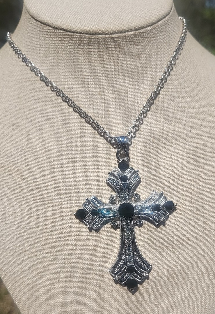 Cross Necklace Stunning White and black Rhinestone bead Silver tone chain 31 in