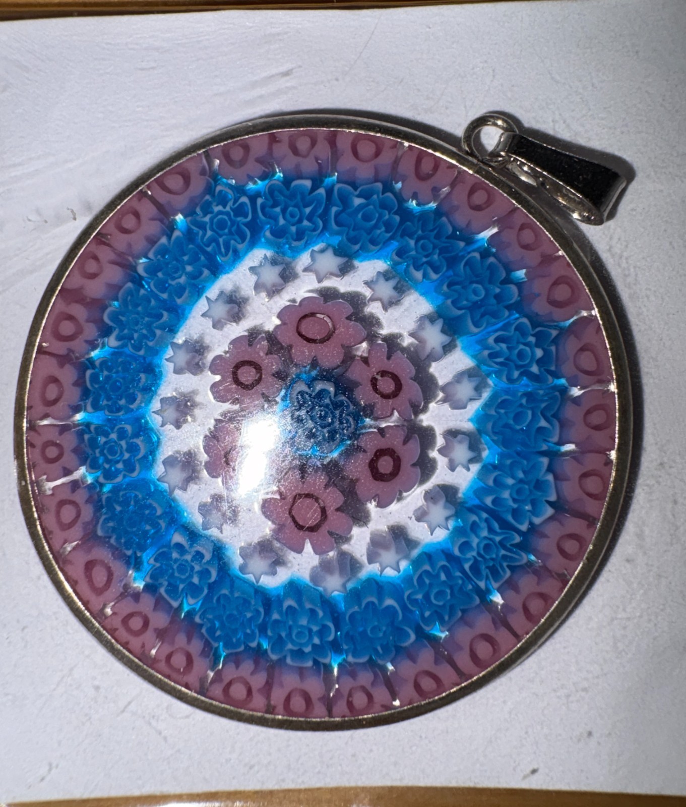 Venetian Murano Millefiori 1 3/8″ (35mm) Pendant in .925 Sterling Silver Frame