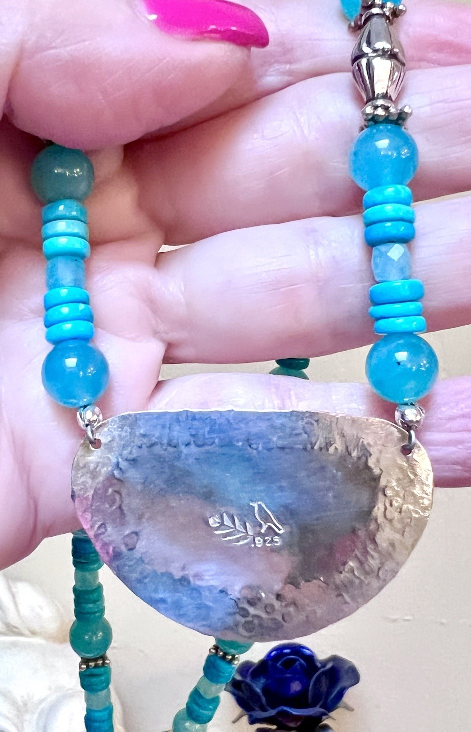 Wonderful EON Designer Sterling Silver, Turquoise And Amazonite Ornate Necklace