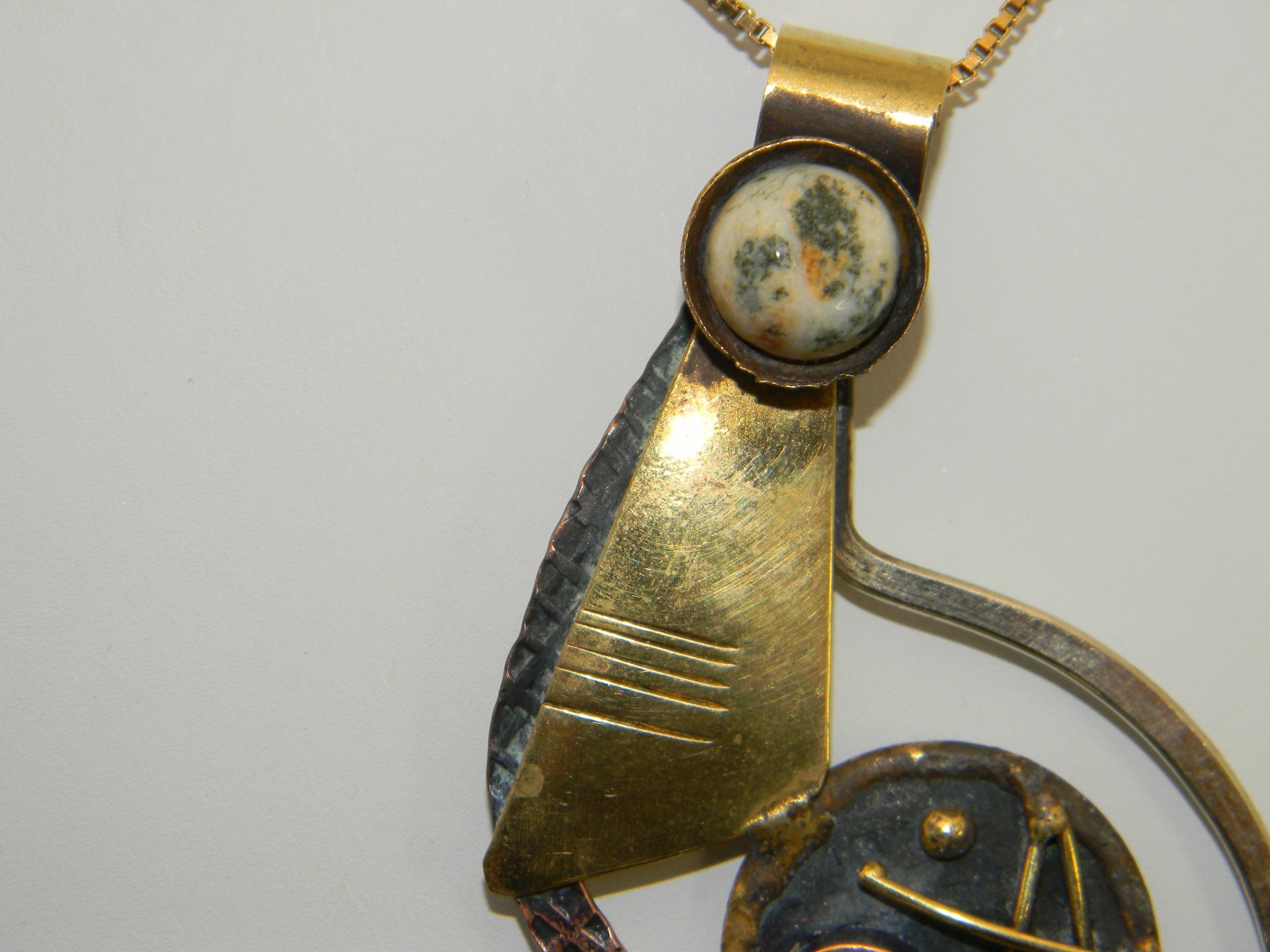 Large Brass, Copper and Quartz Modernist Design Pendant on 925 Chain Necklace