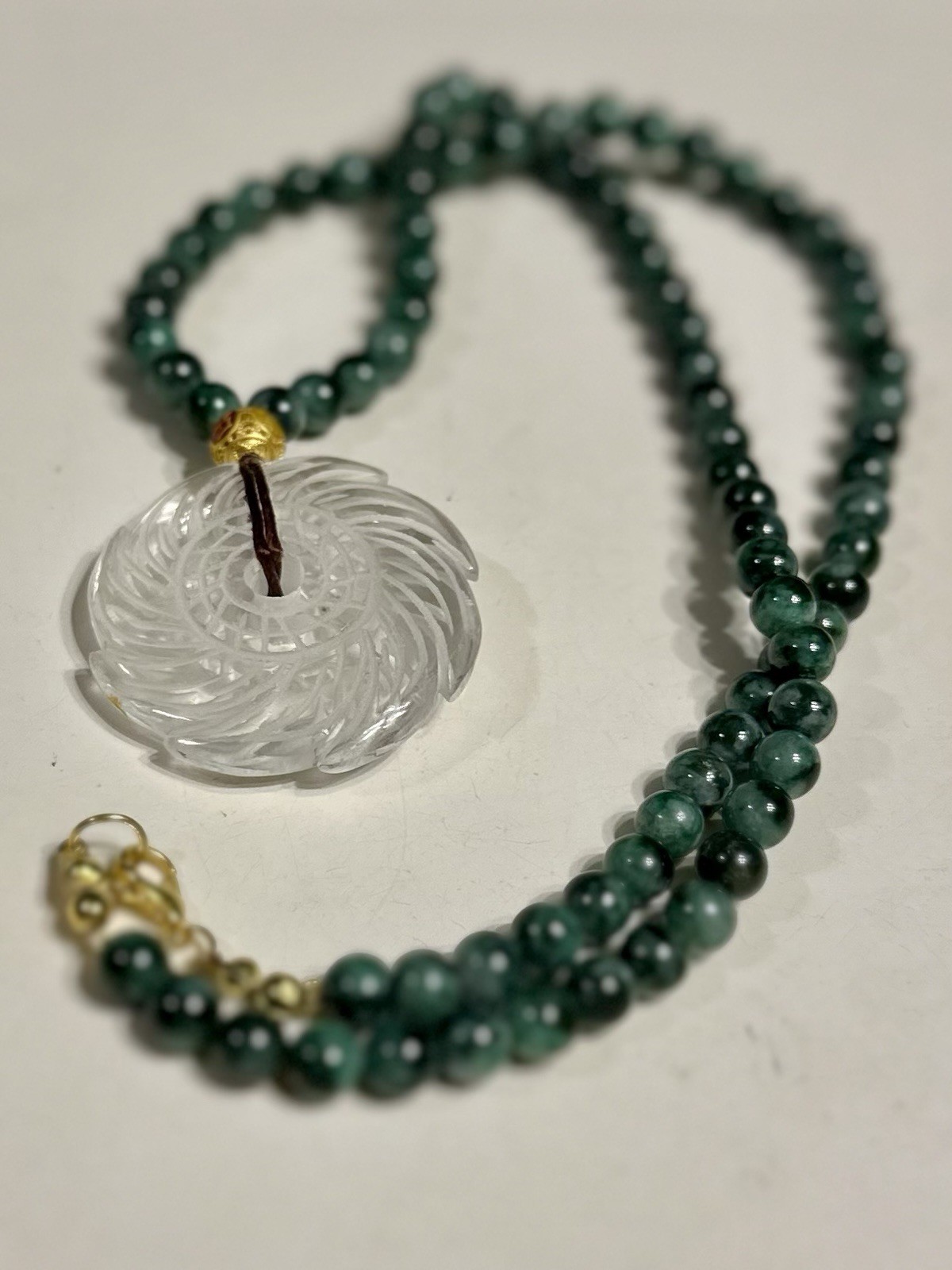 AAA Super Green Dark Dense Jadeite Jade 22” 6MM Necklace Carved Quartz Pendant