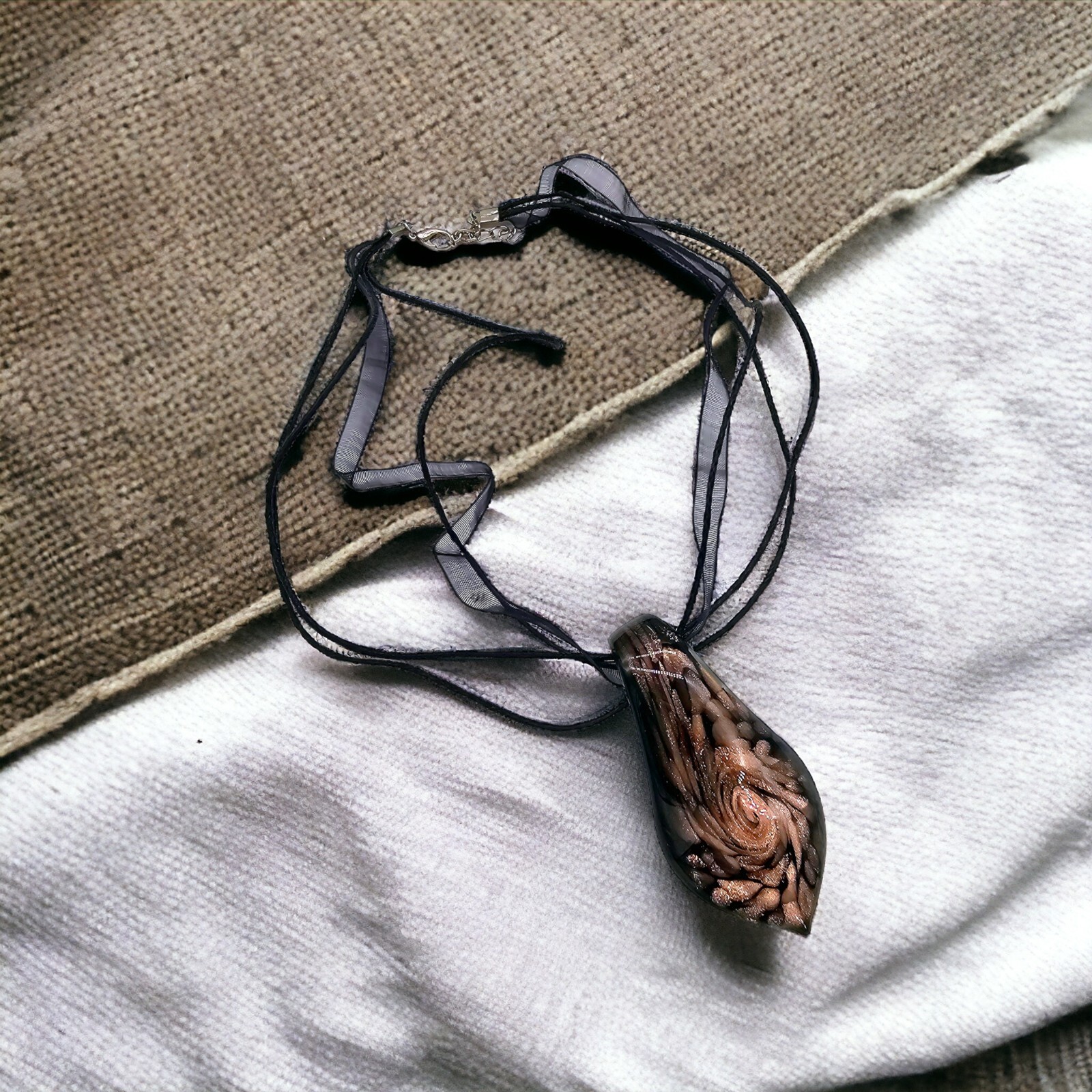 Copper Lampwork Necklace Art Glass Swirl Tear Drop Pendant Black Ribbon Chain