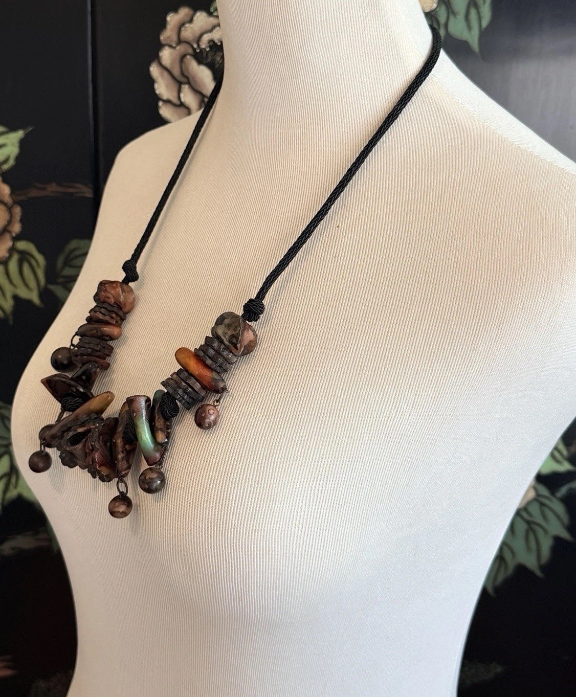 Vintage Artisan Tagua Nut Necklace Boho Tribal Chunky Statement 26” Earth Tones
