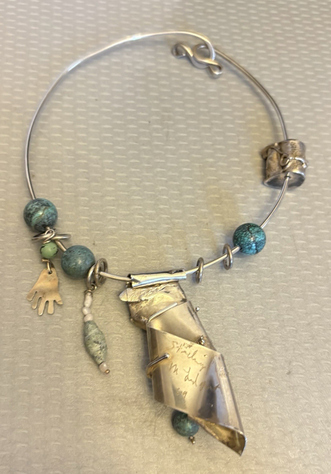 80s Artisan Signed Sterling Silver Torque Necklace Turquoise Slide Pendant Hamsa