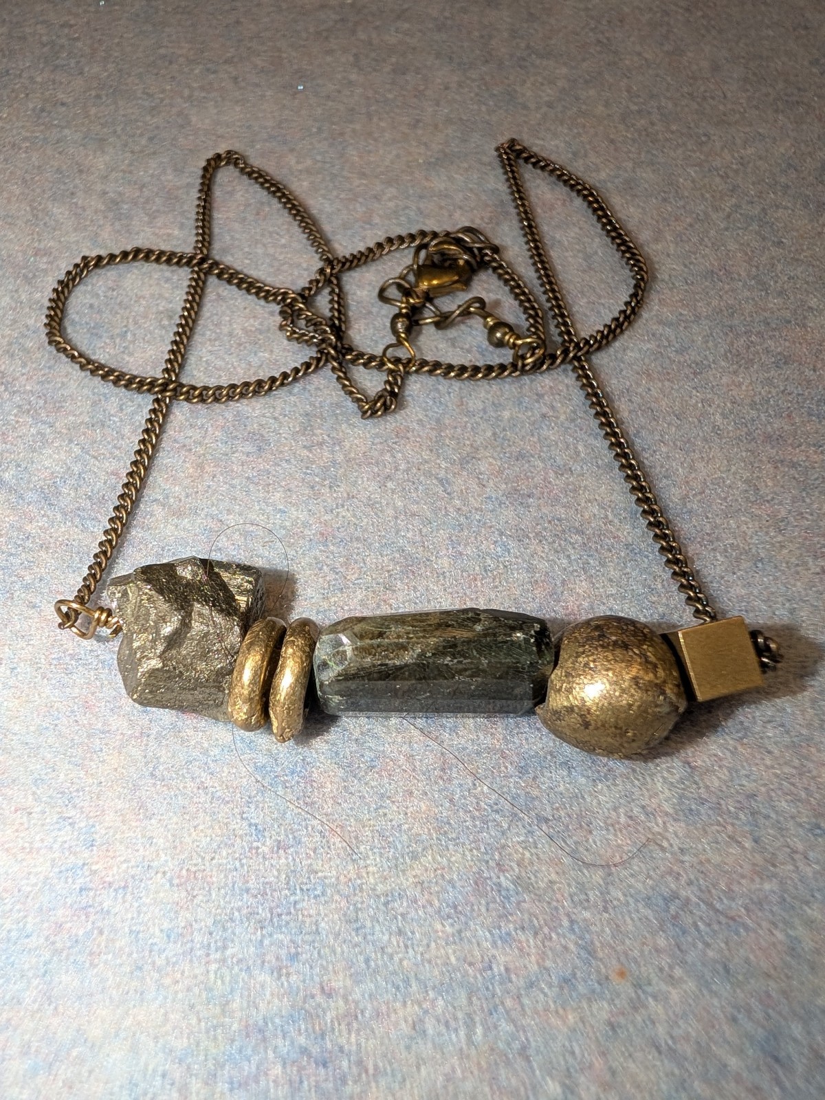 Hand-Made Artisan Necklace-Pyrite, Kynite, Brass Cube & Spheres – Brass Chain