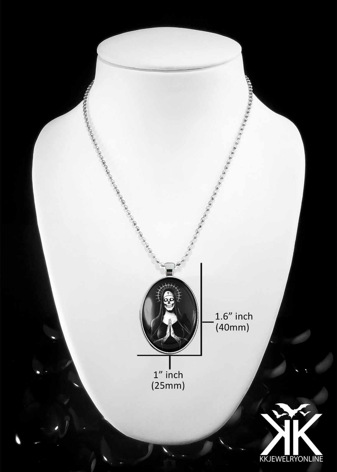 Santa Muerte Day of the Dead Sugar Skull Sterling Silver Glass Pendant Necklace