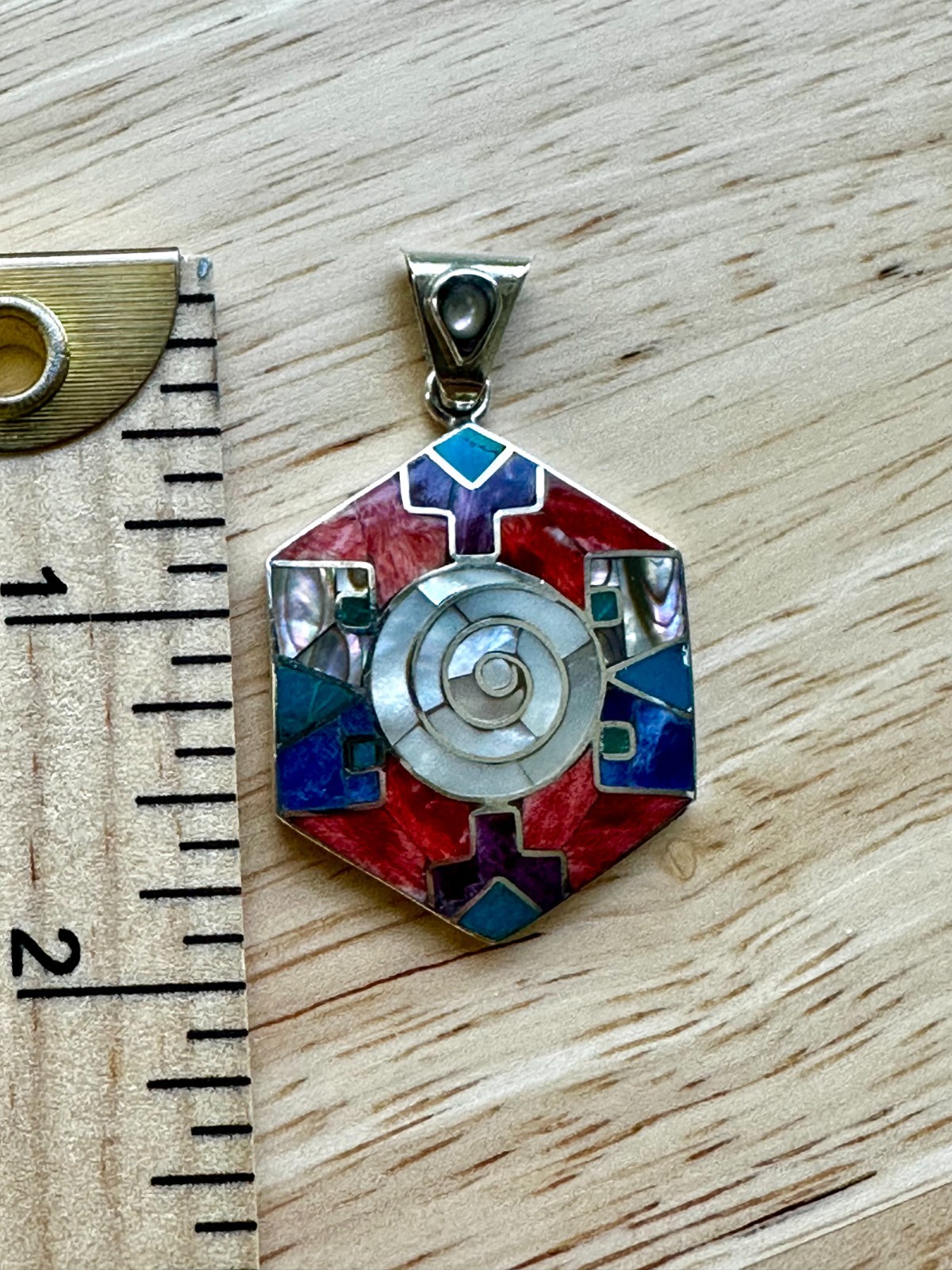 Peruvian 950 Silver Geometric Inlay Pendant Mother of Pearl Mosaic Handmade Peru
