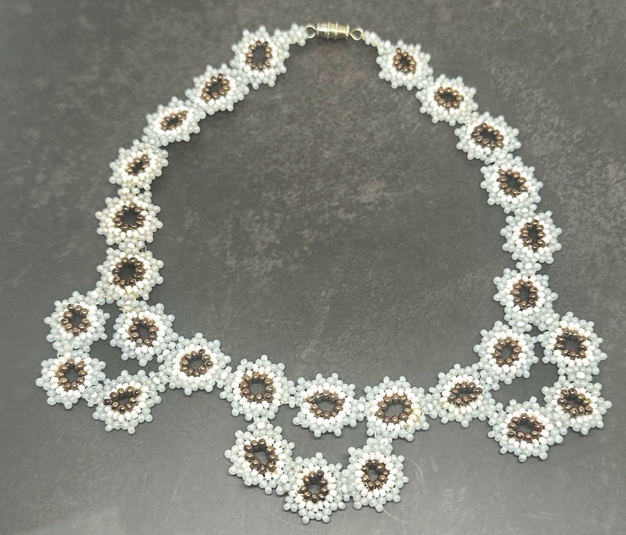 Handmade Flower Beaded White Brown Gray Glass Seed Bead 14″ Bib Necklace Vintage