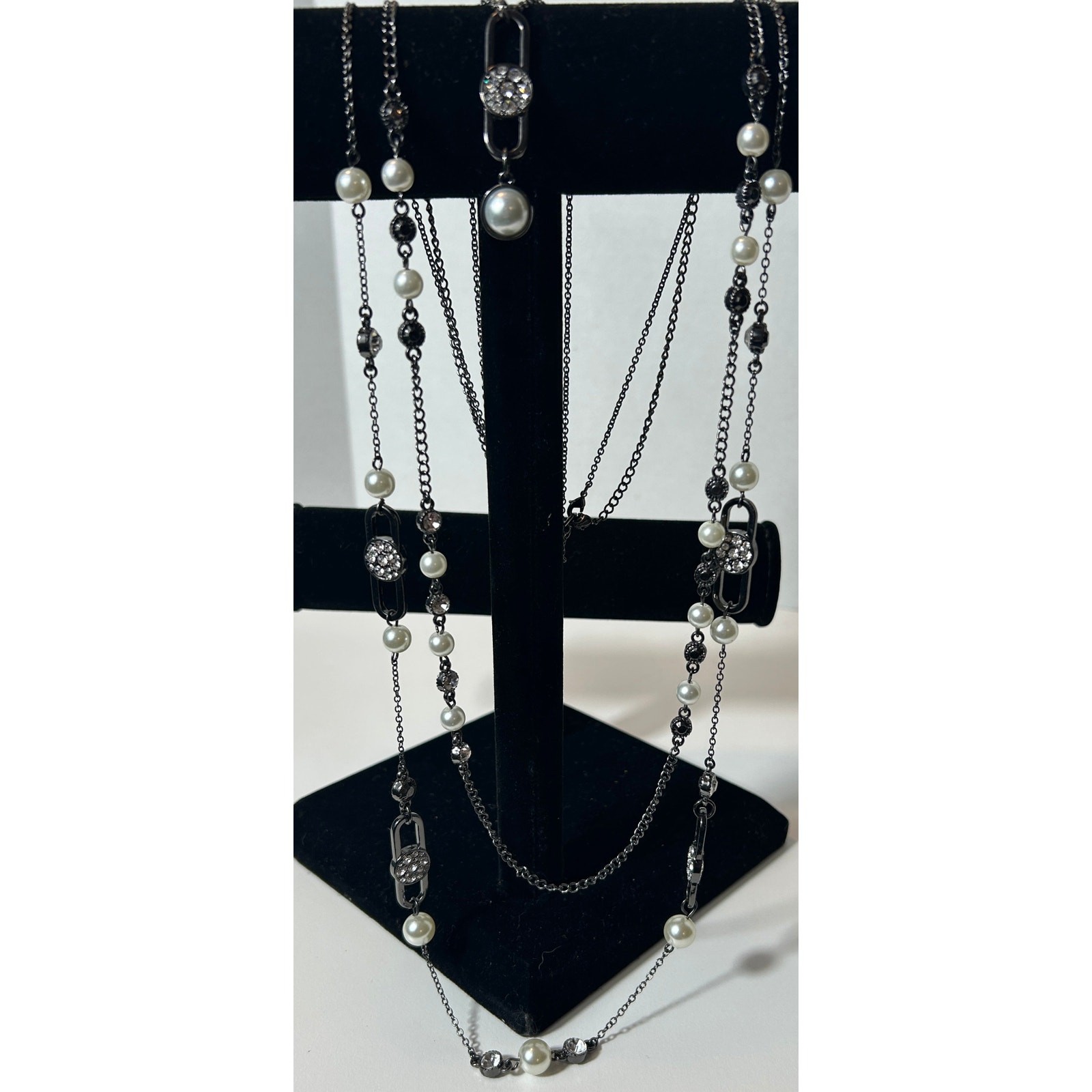Gunmetal Multi-Strand Layered Faux Pearl & Rhinestone Statement Necklace