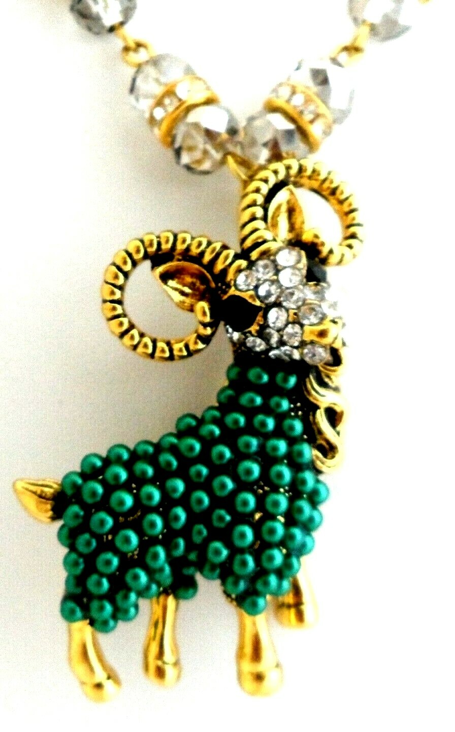 Ram Pendant Necklace Green Faux Pearl Cabochons Ant. Gold Baroque Animal Figural