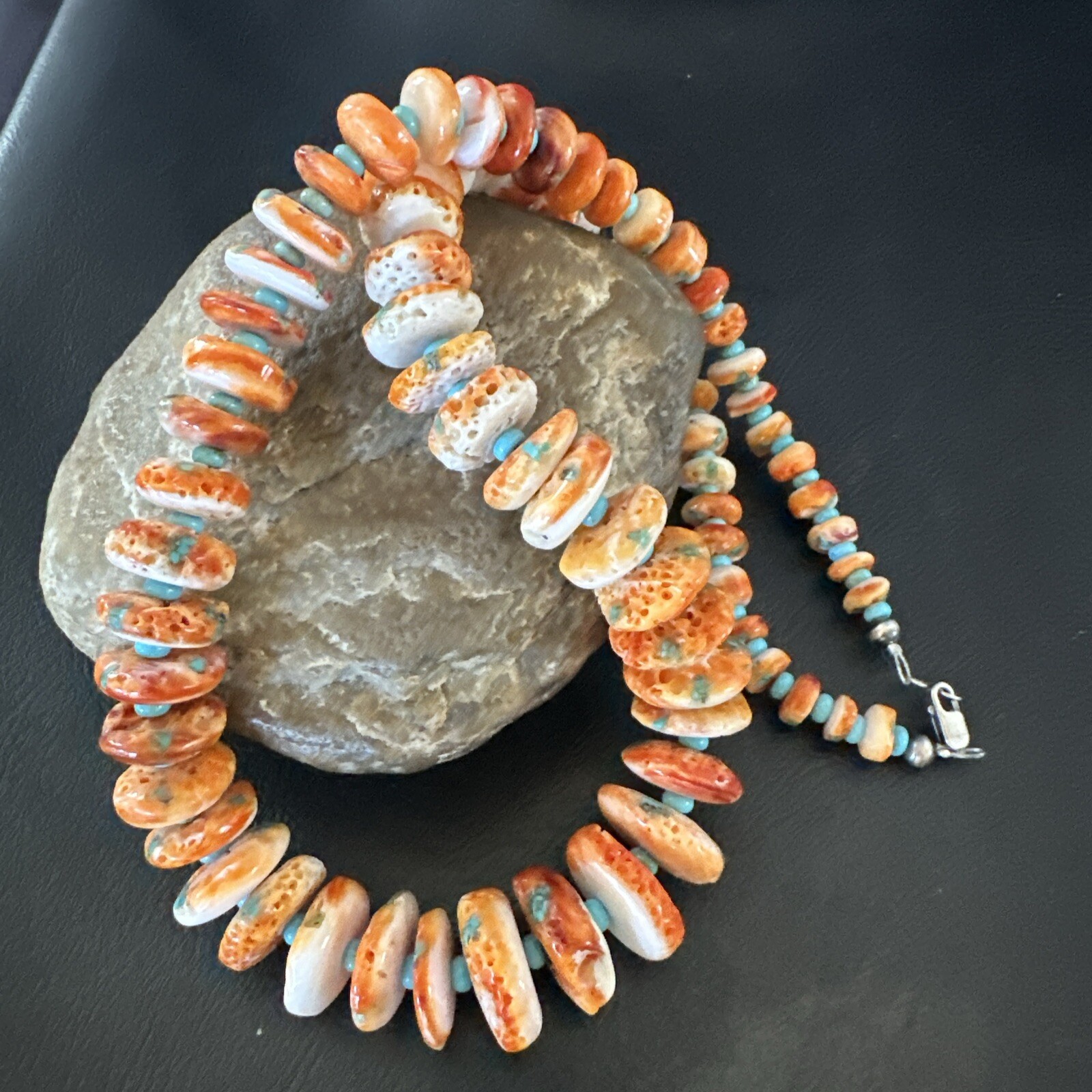Orange Spiny Oyster Blue Turquoise Navajo Sterling Silver Necklace 23″ 18087