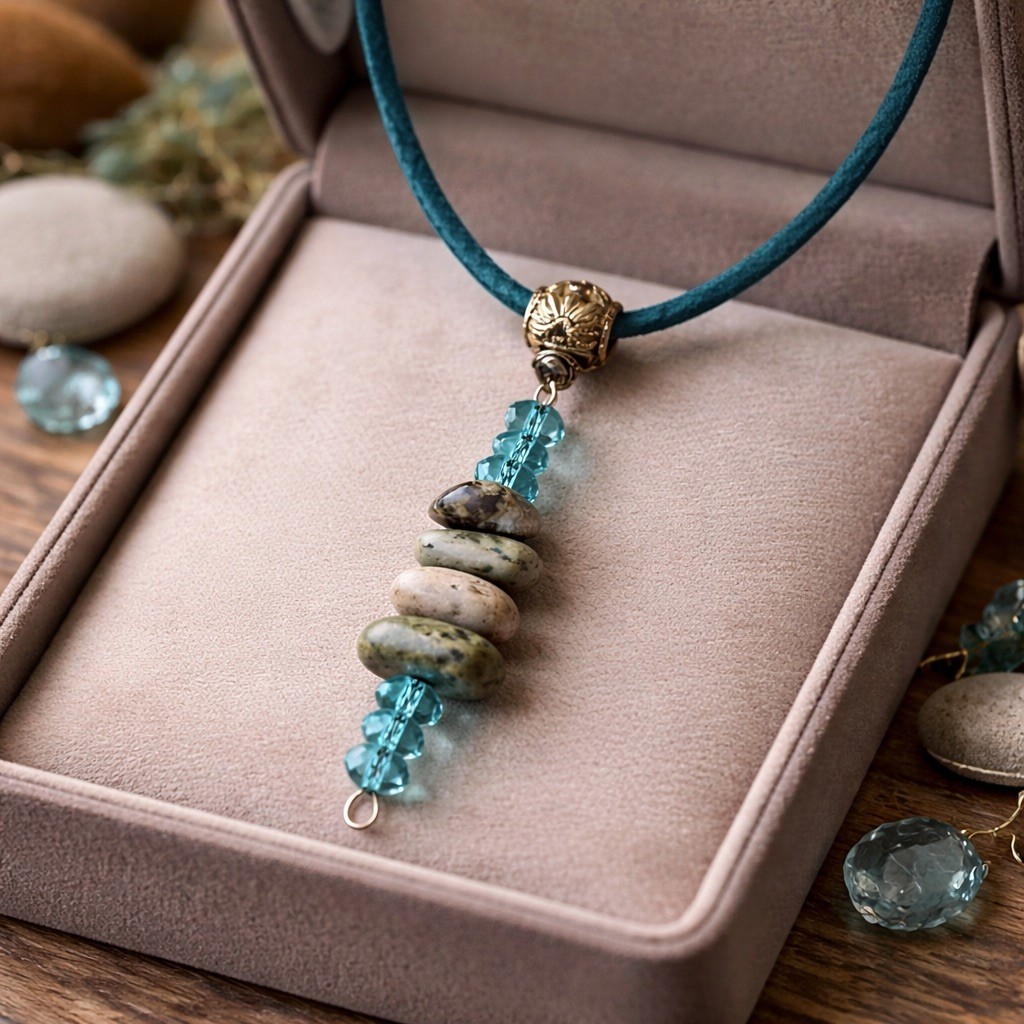 Beach Stone Cairn necklace Hanging from A blue teal cord and ribbon