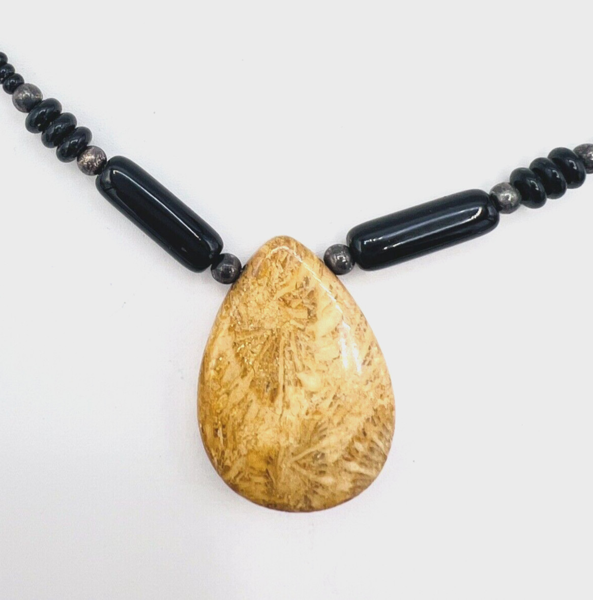 Black Seed Bead Sterling Silver Jasper Teardrop Pendant Necklace