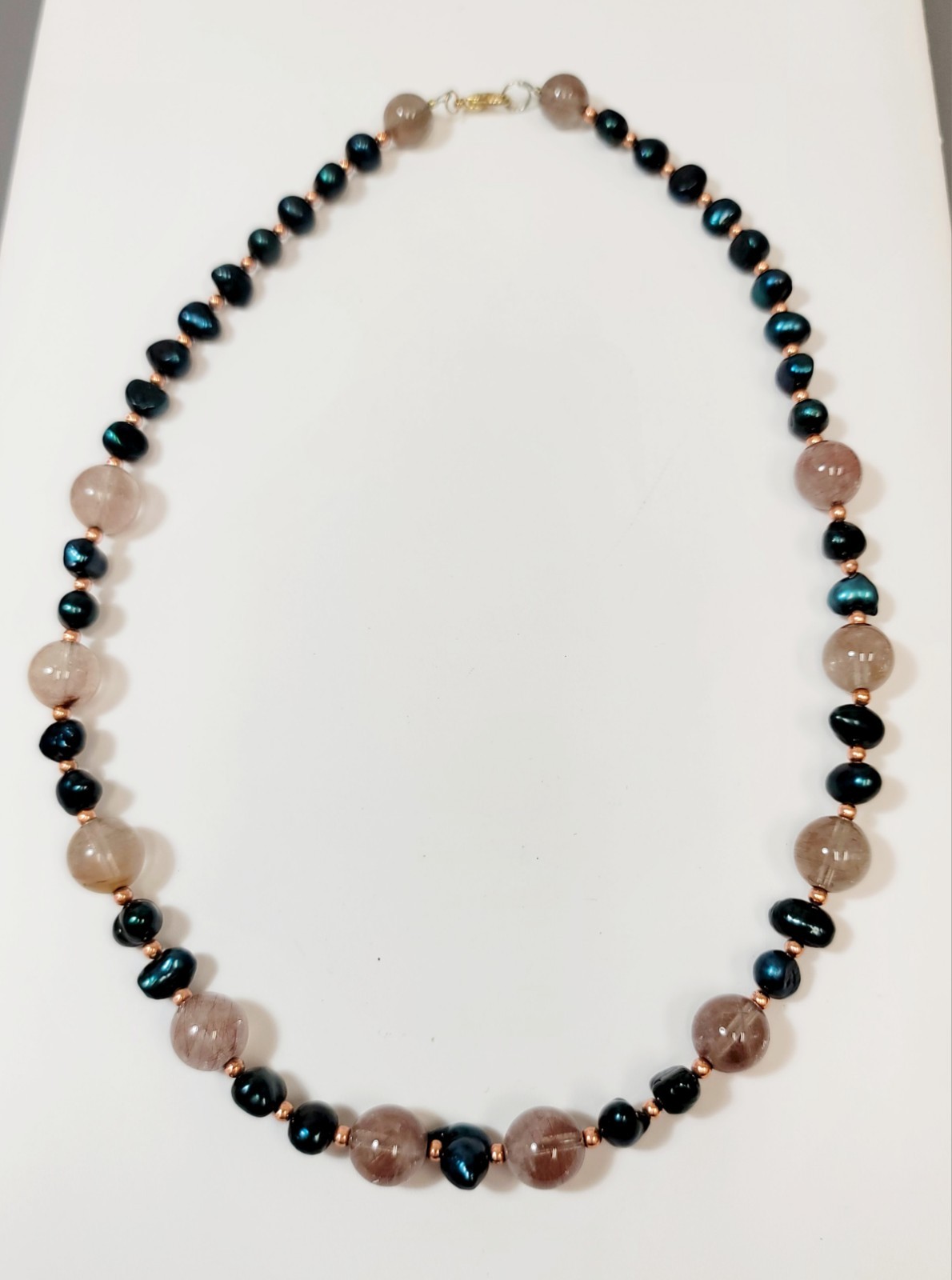 20″ Natural Copper Rutilated Quartz Peacock Baroque Pearls Beaded Necklace