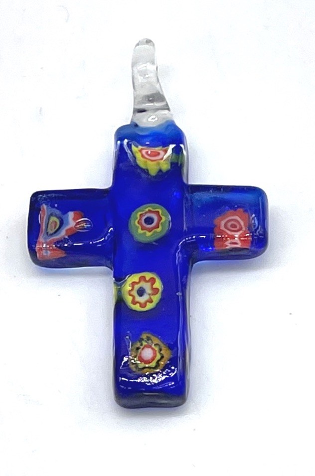 Blue & Millefiori Glass Cross Pendant W/ Glass Bail Religious