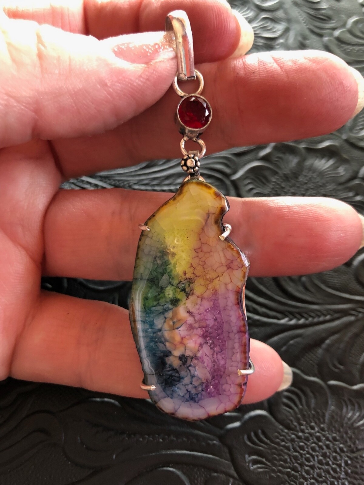 Rainbow Solar Quartz Natural Pendant Prong Setting 2.75″