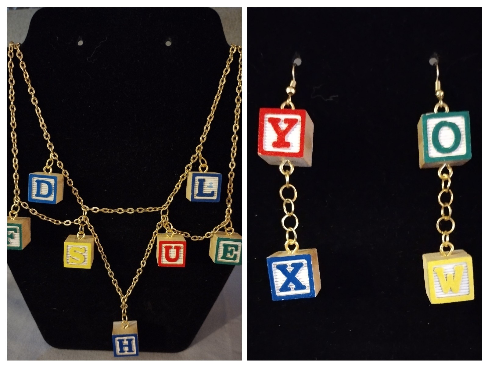 Handcrafted Multicolored Mini Alphabet Blocks Necklace & Earrings Jewelry Set
