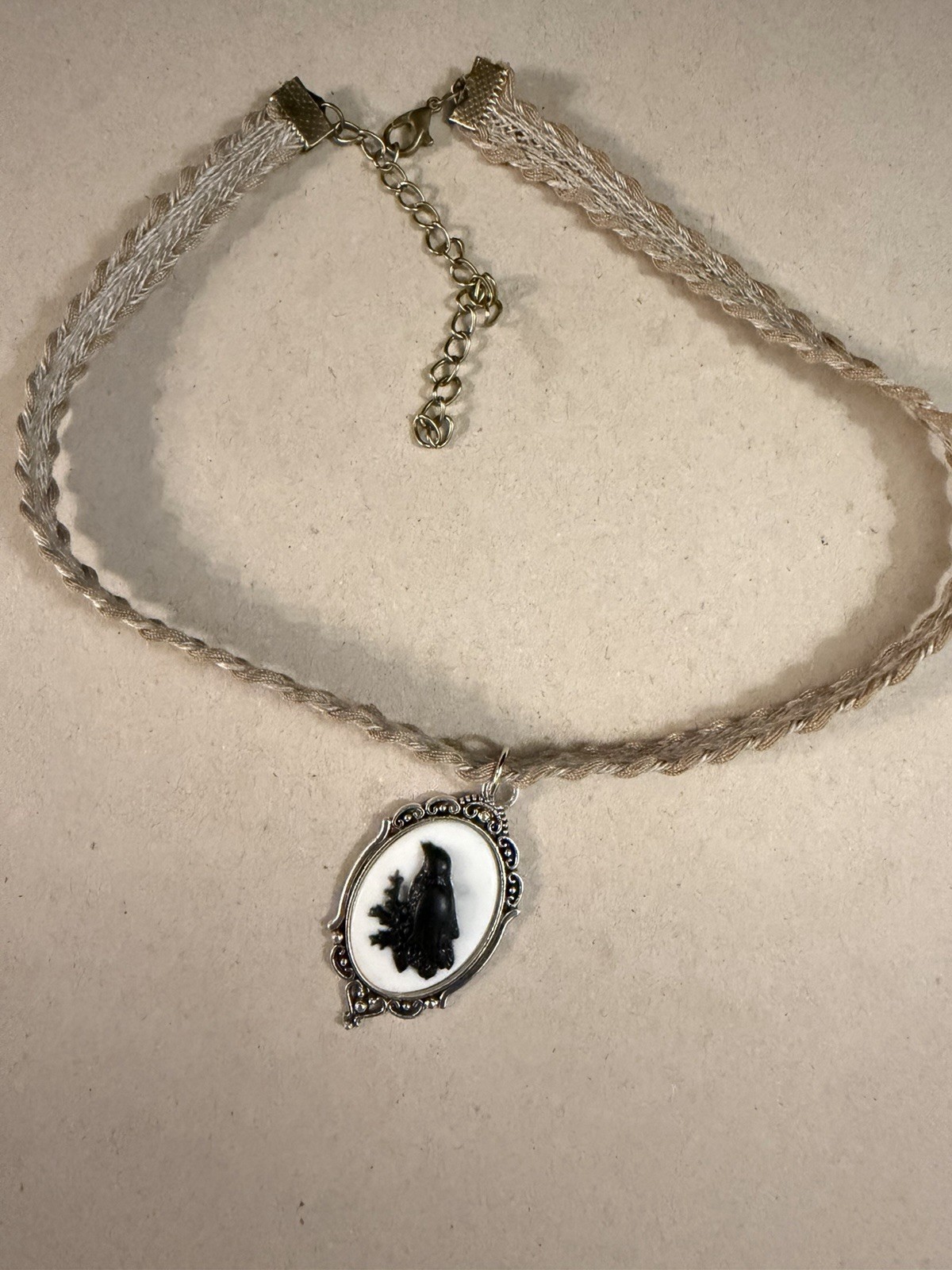 Braided Cord Choker Necklace with Adjustable Bird Cameo Pendant, Beige Black