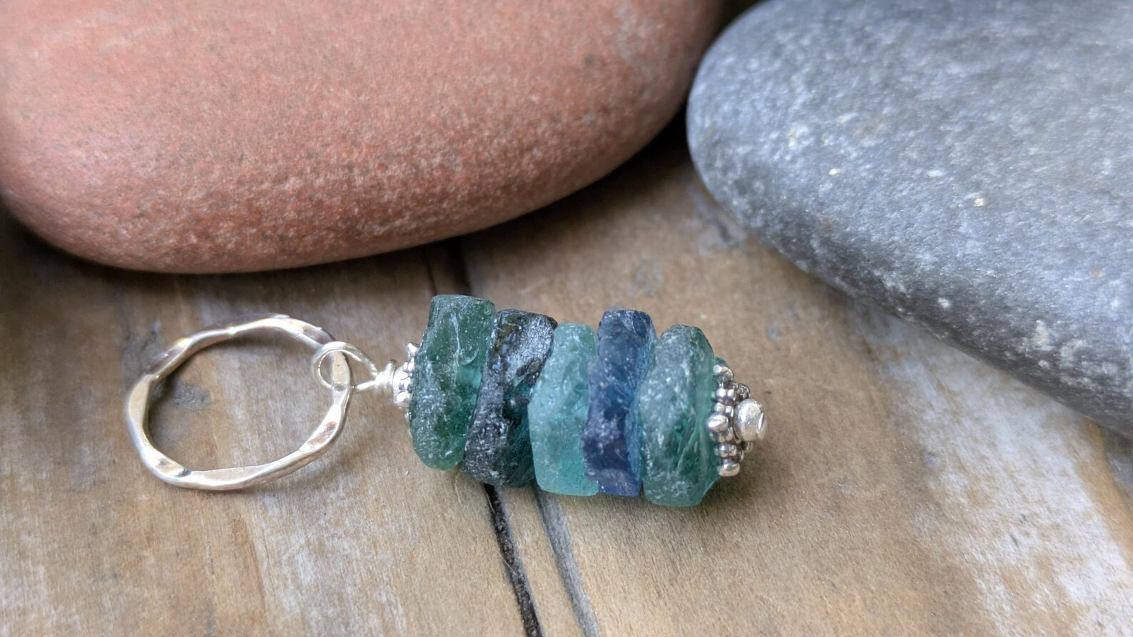 Green and Blue Roman Glass and Hill Tribe Fine Silver Pendant Charm