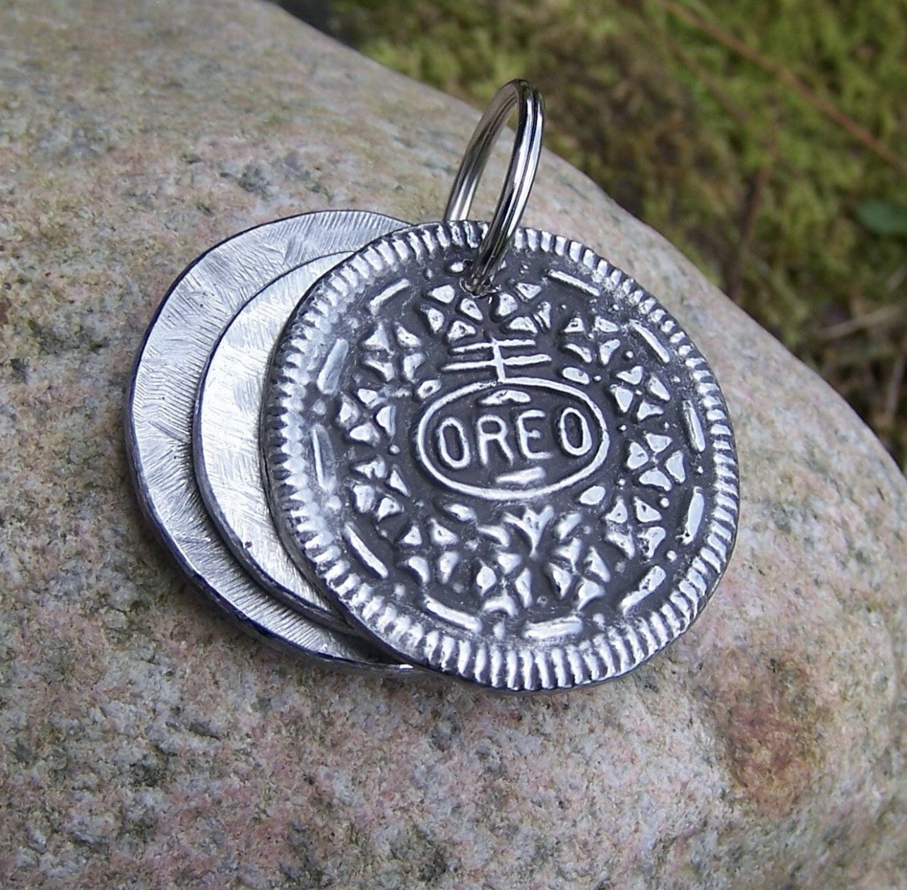 OOAK Pewter Oreo Pendant Necklace HEAVY Detailed On Chain 20 Inches